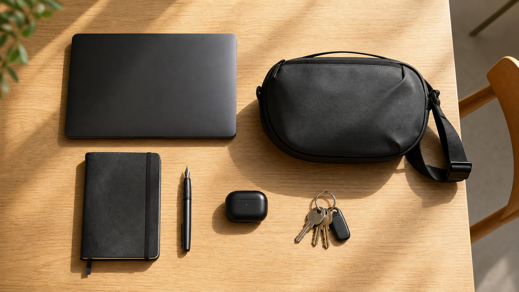 Morning flat lay of notebook, laptop, keys, earbuds, pen, and black crossbody bag on a wood table in soft light