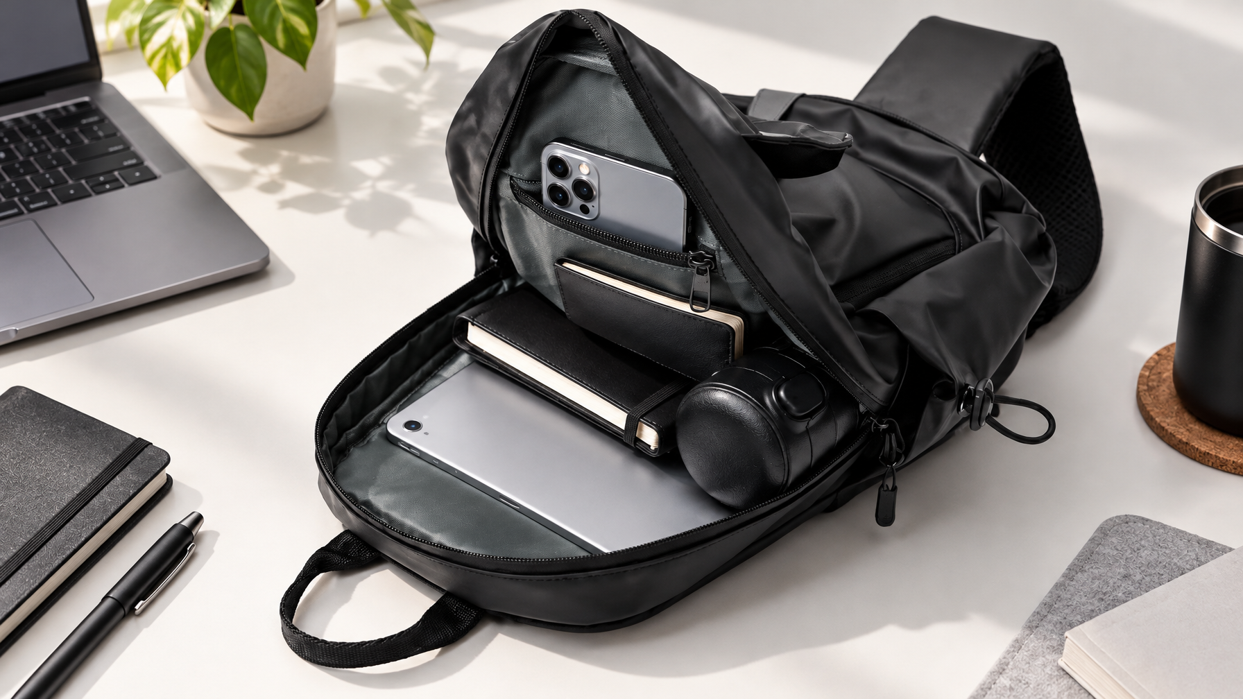 Open black organized everyday sling with a closed 9.7-inch tablet and phone pocket on a light desk