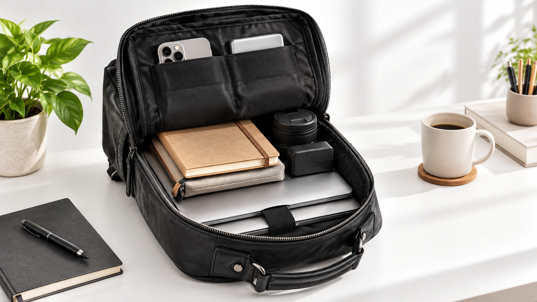 Open soft PU-leather everyday laptop backpack with multi-pocket interior and padded laptop sleeve on a clean desk