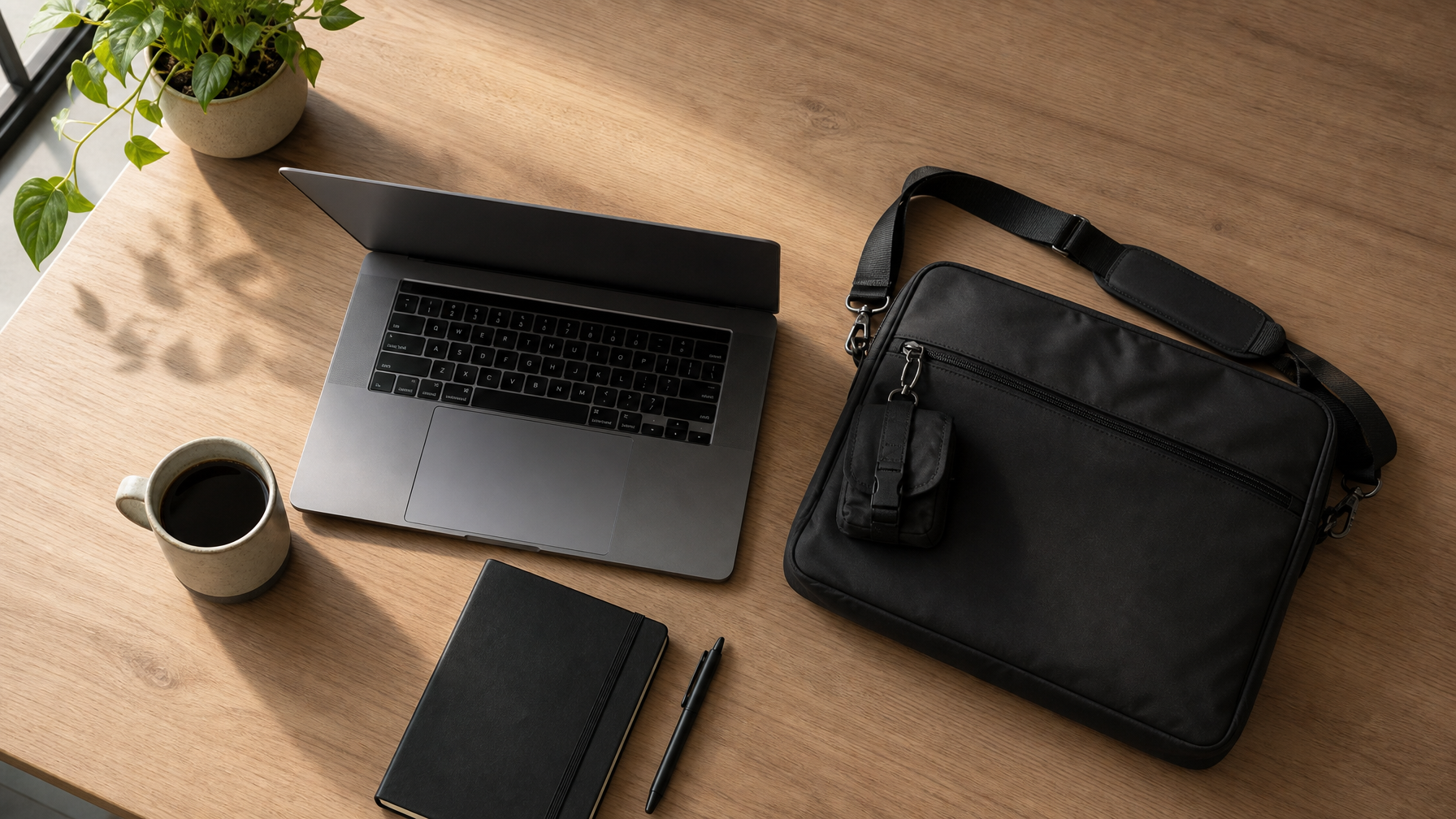 Overhead flat lay of a minimal coworking desk setup — laptop open, slim dark laptop bag, ceramic coffee cup and notebook in morning light