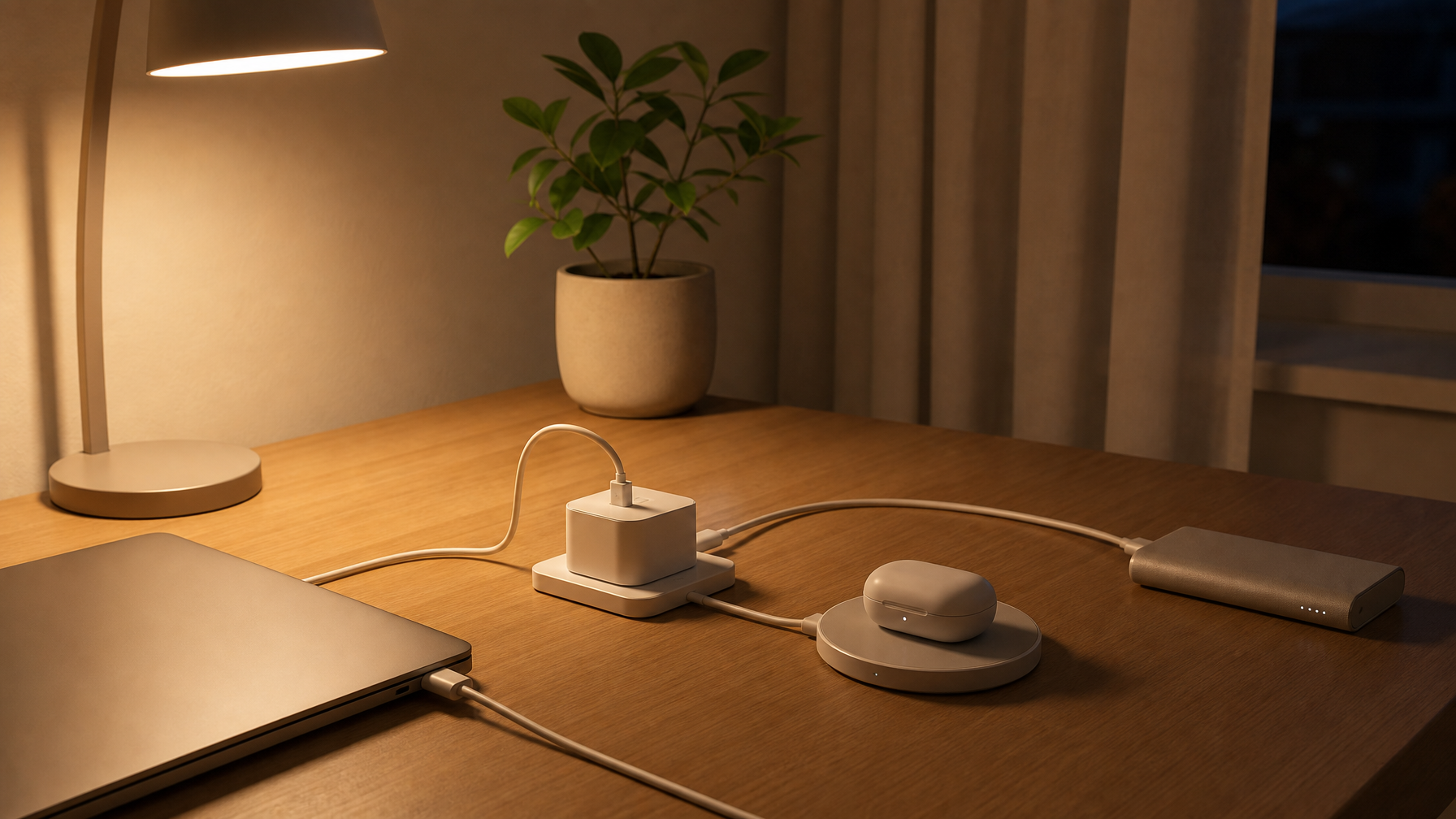 Minimal desk on a Sunday evening with charging cables arranged neatly — laptop cable, earbuds case on a charging pad, power bank plugged in — everything being quietly restored to full capacity