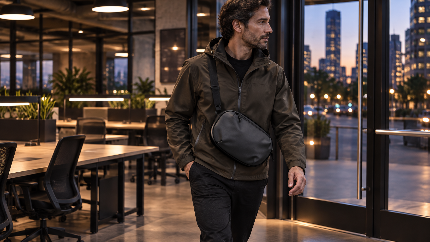 Professional in dark olive jacket walking past empty hot desks toward glass exit doors wearing a black crossbody bag
