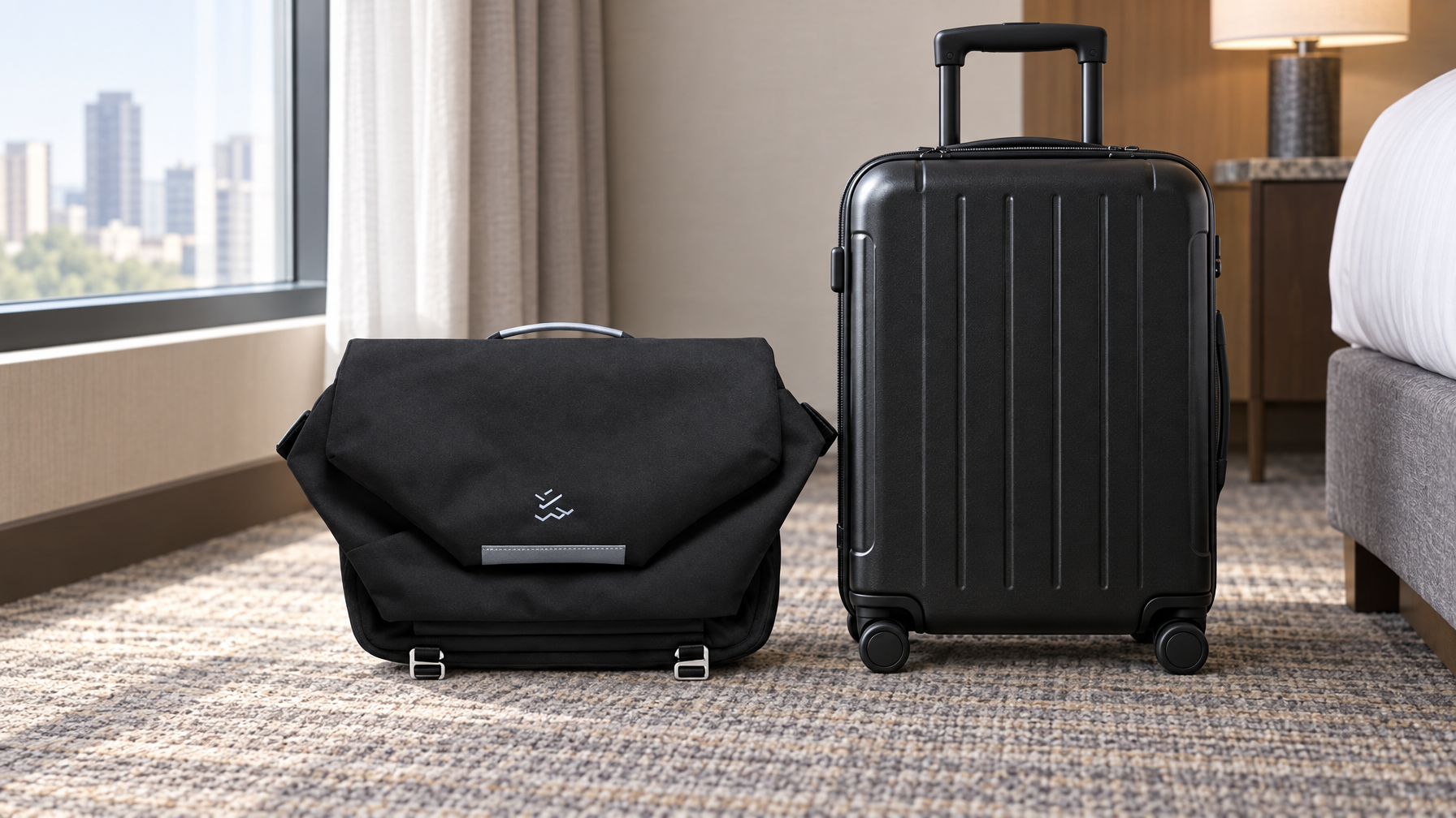 Black fold-over messenger standing beside a closed black carry-on suitcase on hotel carpet