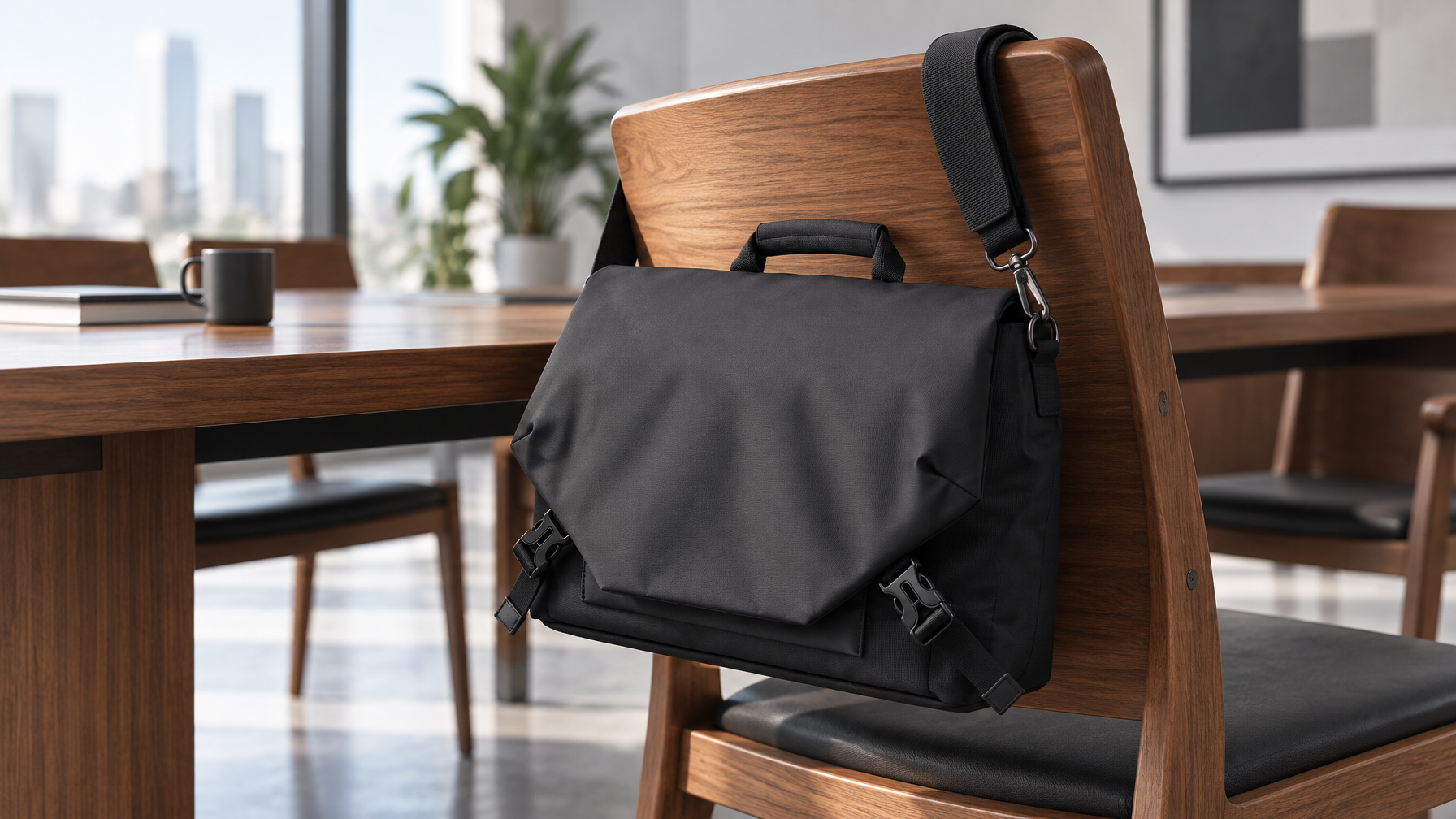 Closed black Rook Brief hanging on a wooden conference chair by a single padded detachable shoulder strap