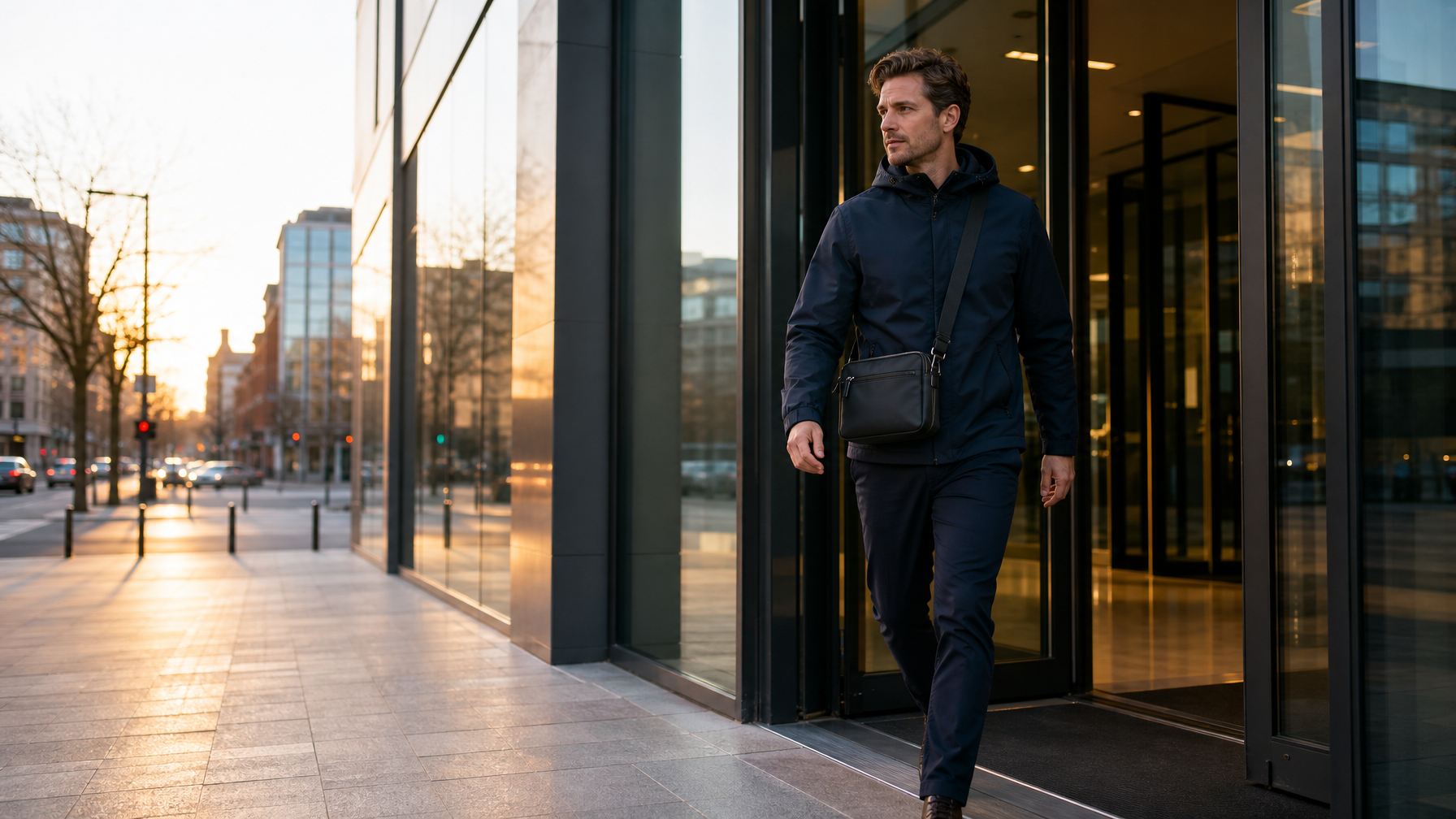 Person walking out of a glass office building entrance onto a city street in late afternoon golden light, compact messenger bag crossbody