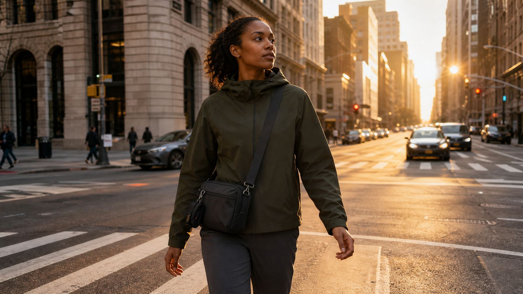 Black woman in her late 20s crossing a city crosswalk at golden hour, compact black crossbody messenger bag worn naturally at her hip