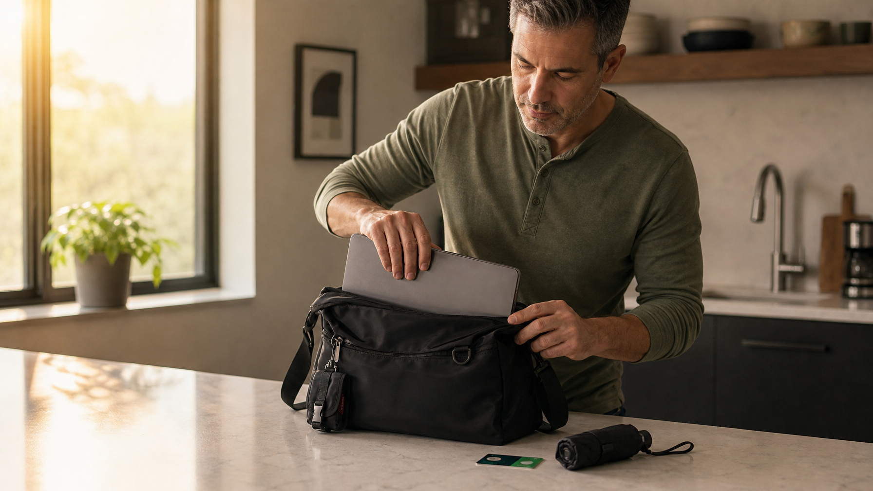 Person packing a laptop into a black messenger bag at a kitchen counter with a transit card and compact umbrella still on the counter