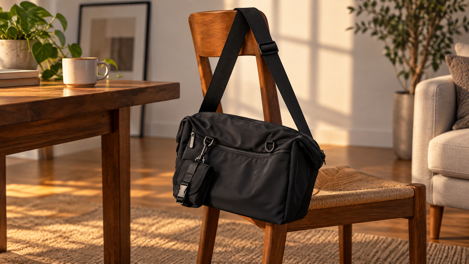 Black 14-inch messenger hanging on a wooden chair by a single adjustable shoulder strap