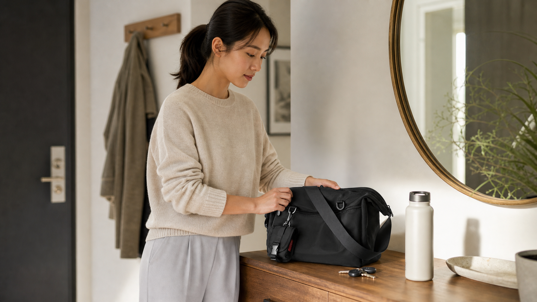 East Asian woman in early 30s at a residential entryway console placing a compact dark crossbody bag beside keys after a morning run