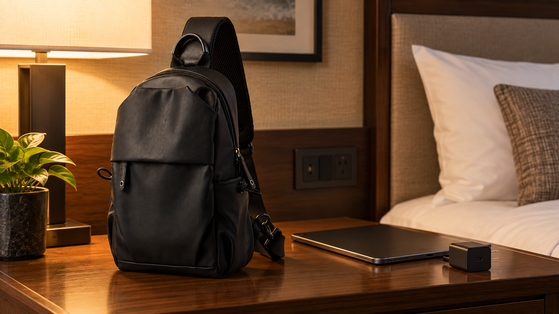 Closed black structured sling on a hotel nightstand beside a closed tablet and charger