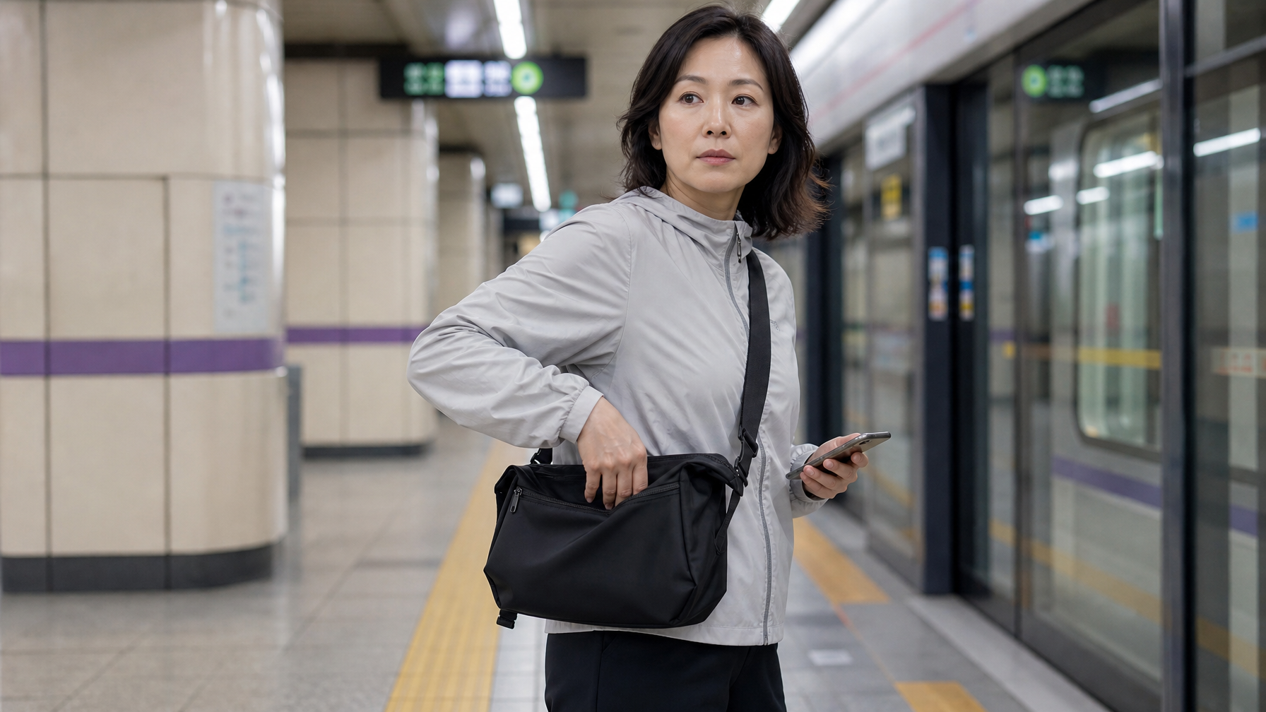 East Asian woman in her late 30s reaching into the front pocket of a crossbody messenger bag at a subway platform, one-handed and mid-motion
