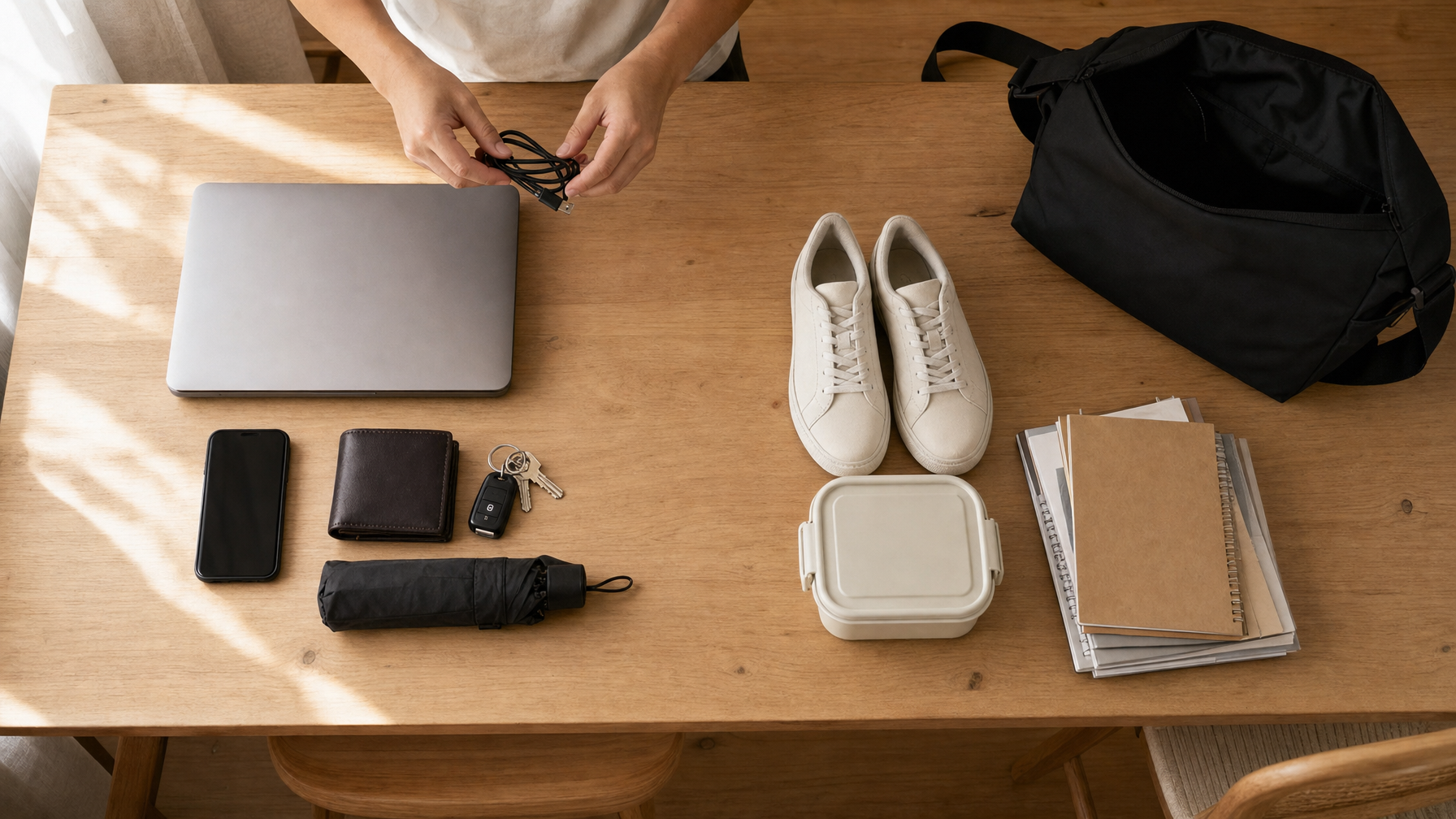 Overhead kitchen table with a short daily pile of laptop, phone, wallet, keys, and cable next to a leftover pile of shoes and extra notebooks beside an open black messenger