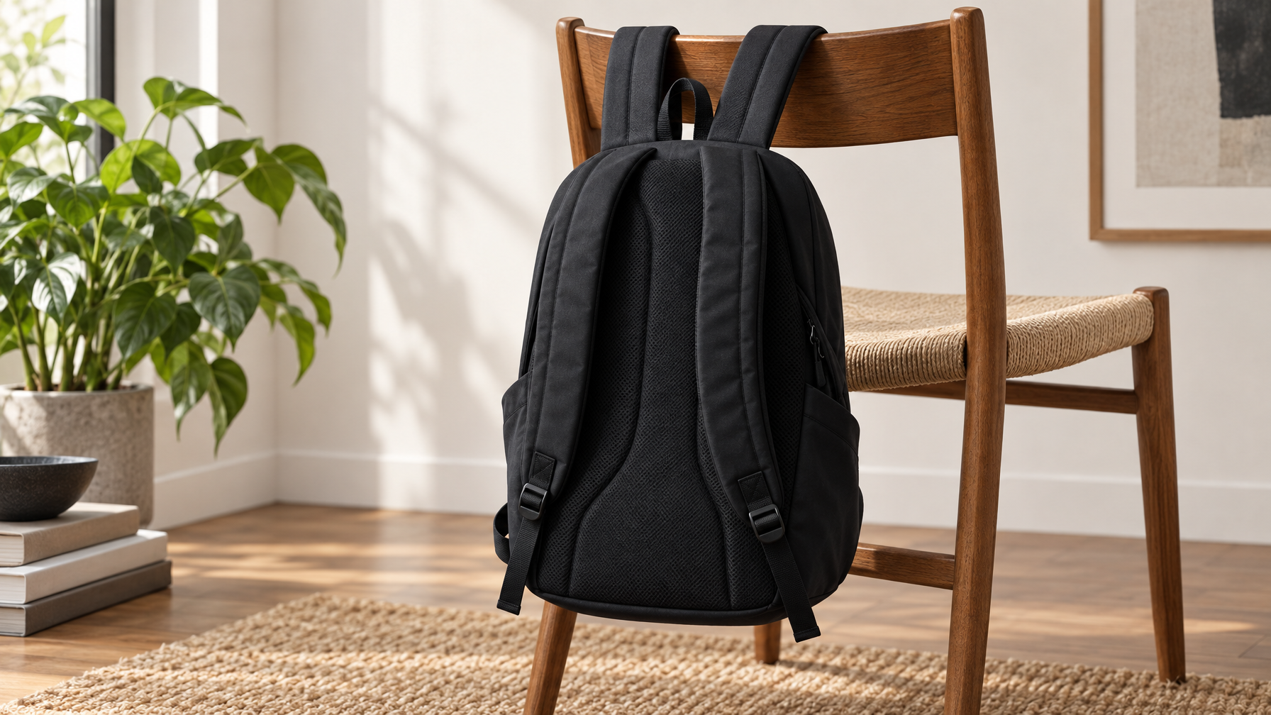 Black lightweight everyday backpack hanging on a wooden chair by both padded shoulder straps