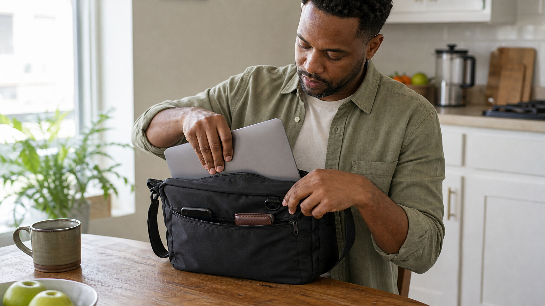 Person sliding a closed laptop into the open main compartment of a black messenger on a kitchen table