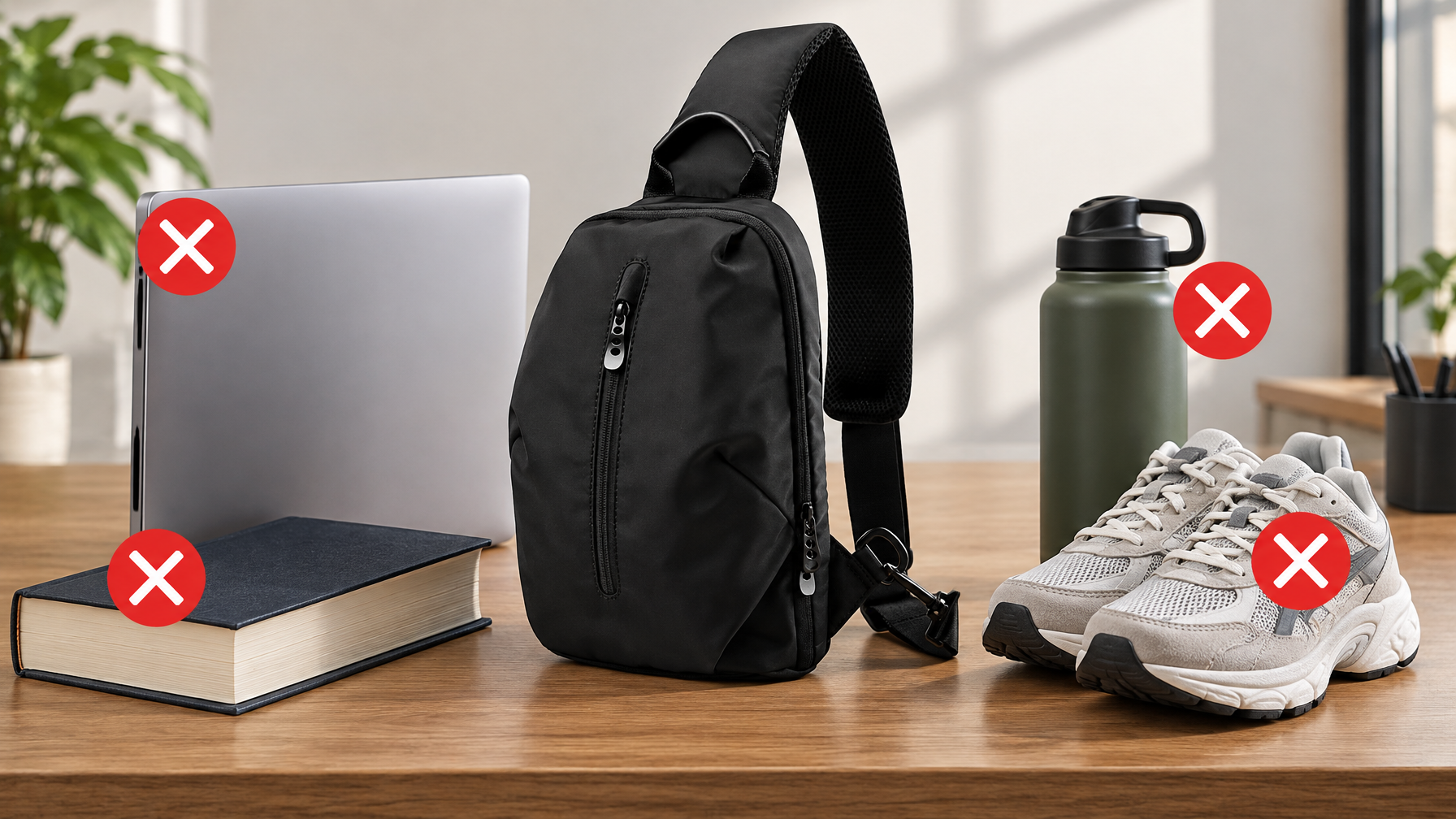 Closed black commuter sling on a table beside a laptop, water bottle, hardcover book, and gym shoes that should not go inside