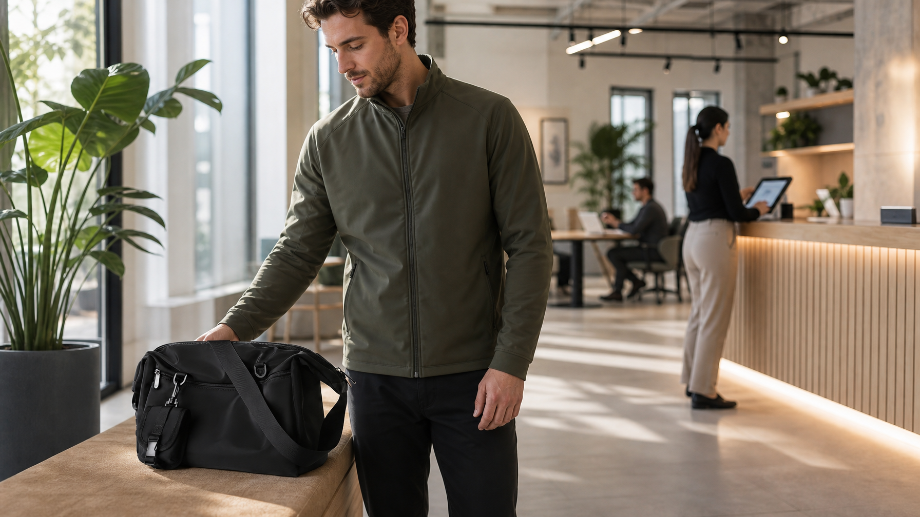 Professional arriving at a bright coworking lobby with a closed black messenger bag on a bench