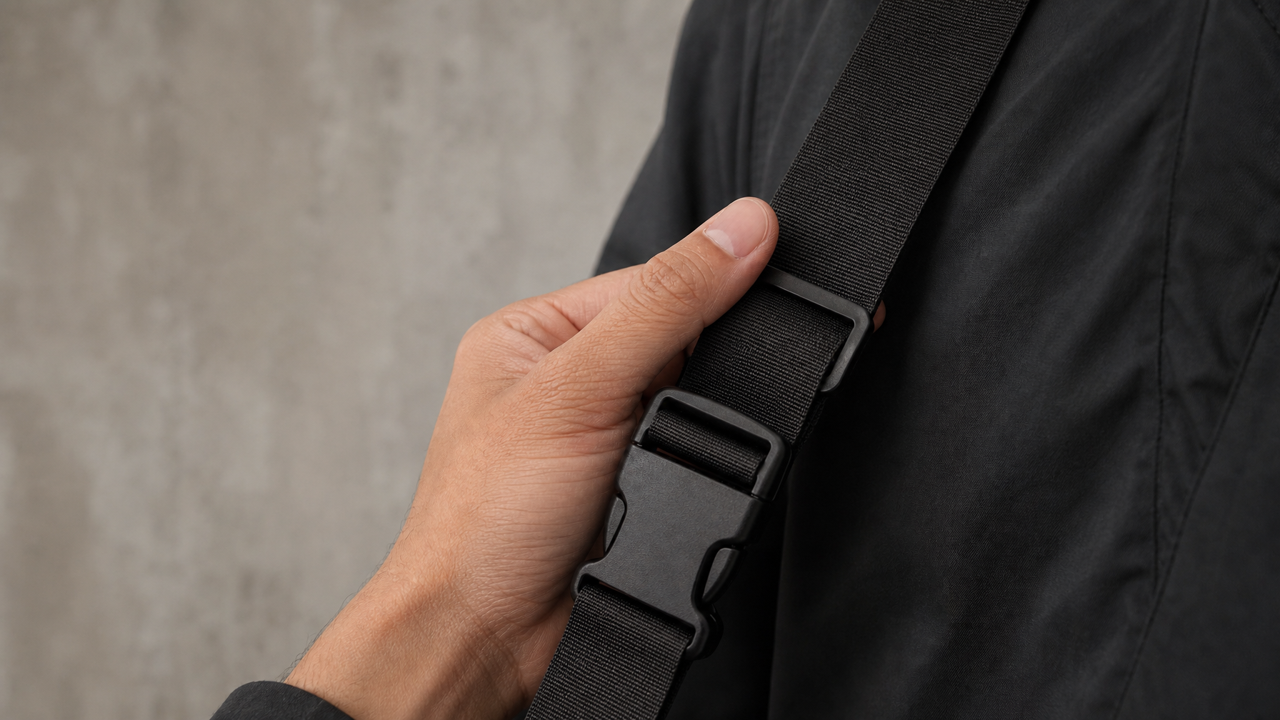 Close-up detail of a wide matte black nylon shoulder strap with side-release buckle, hand adjusting the length — focus on strap width and hardware quality