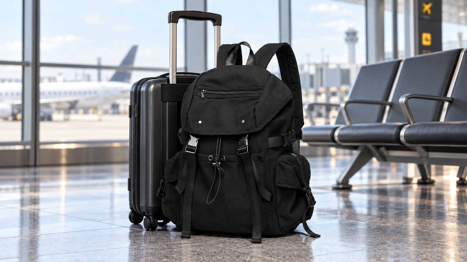 Black 26L flap-top everyday backpack standing beside a rolling suitcase with the luggage pass-through visible on the back panel