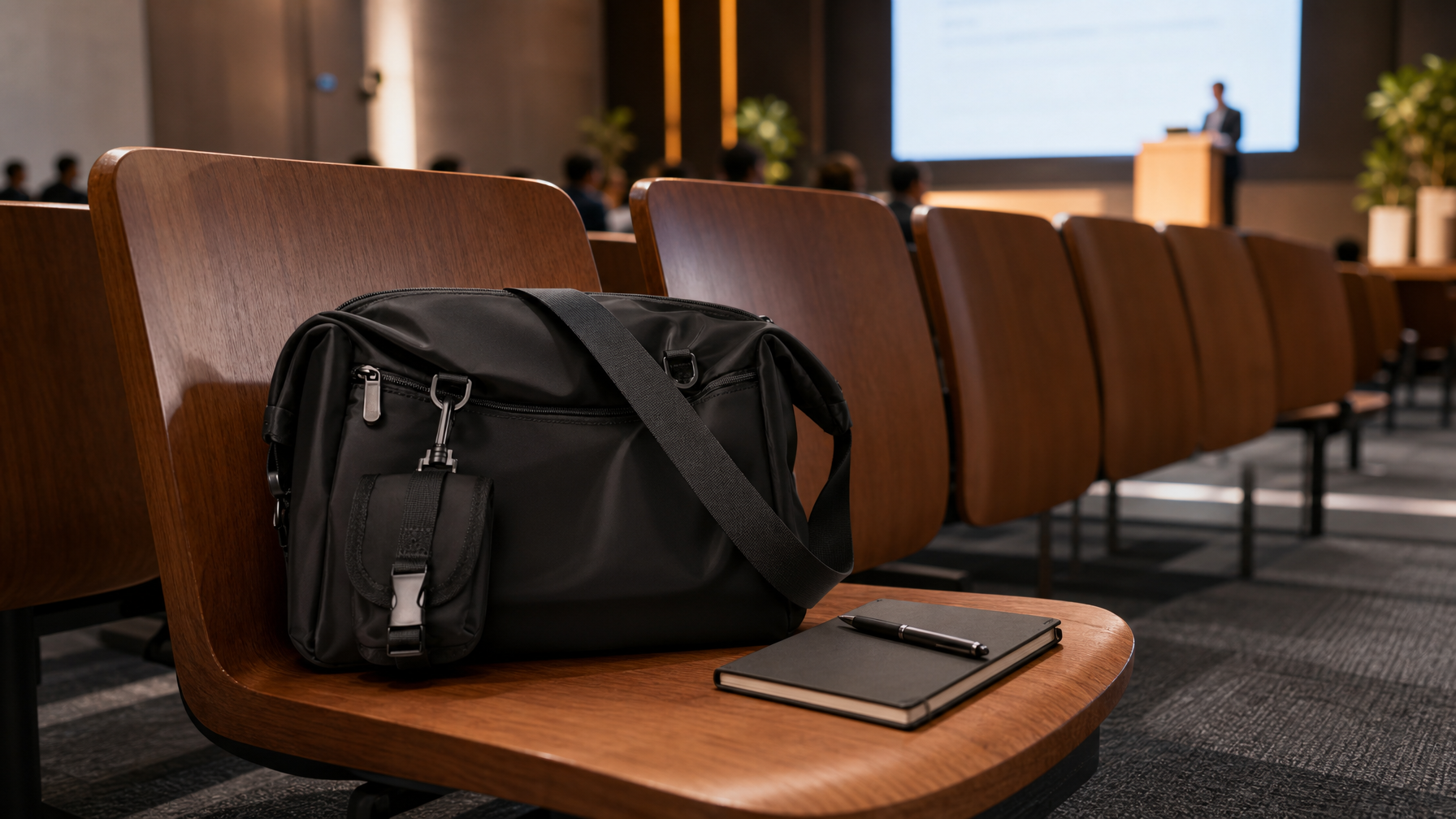 Sleek black messenger bag sitting on a chair in a conference hall next to a notebook