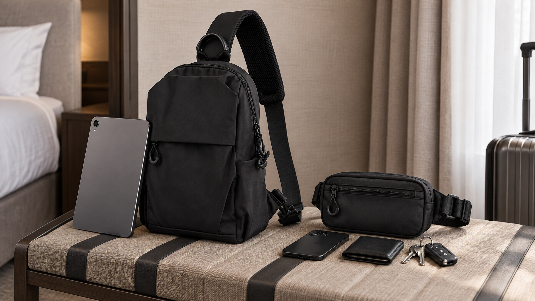 Black Vector Sling on a hotel luggage bench beside a small closed PVC waist pack, tablet envelope versus phone-wallet-keys pouch