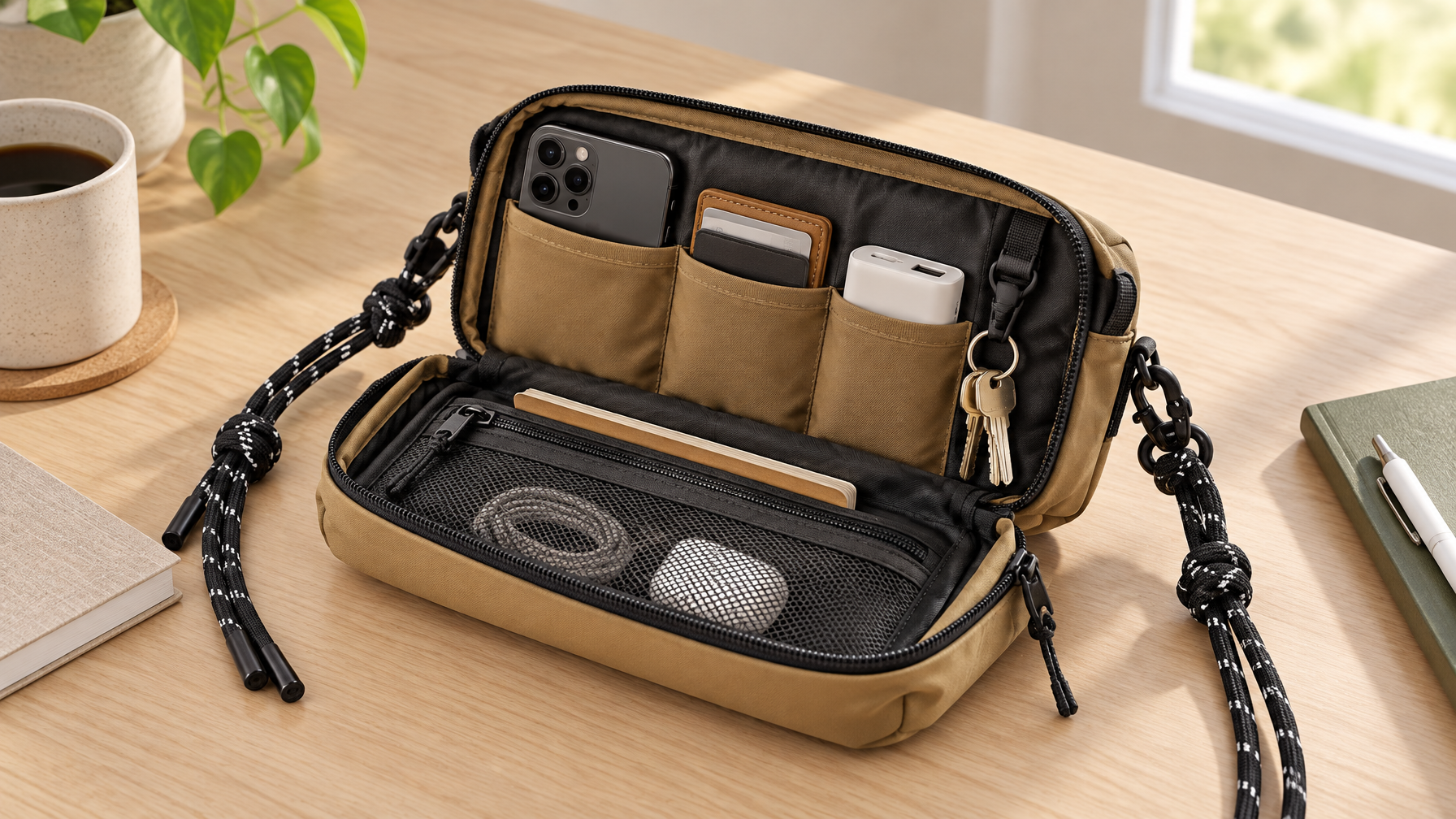 Open compact organized everyday crossbody with phone, wallet, and power bank in separate pockets on a light desk
