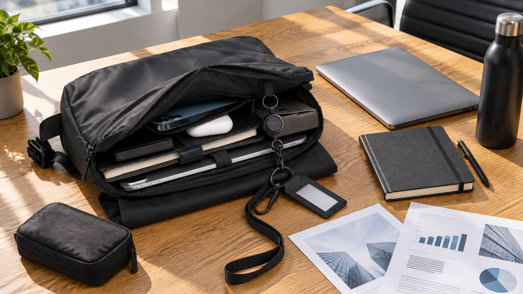 Open black flap laptop brief on a conference table with laptop, notebook, printouts, badge, and cable pouch