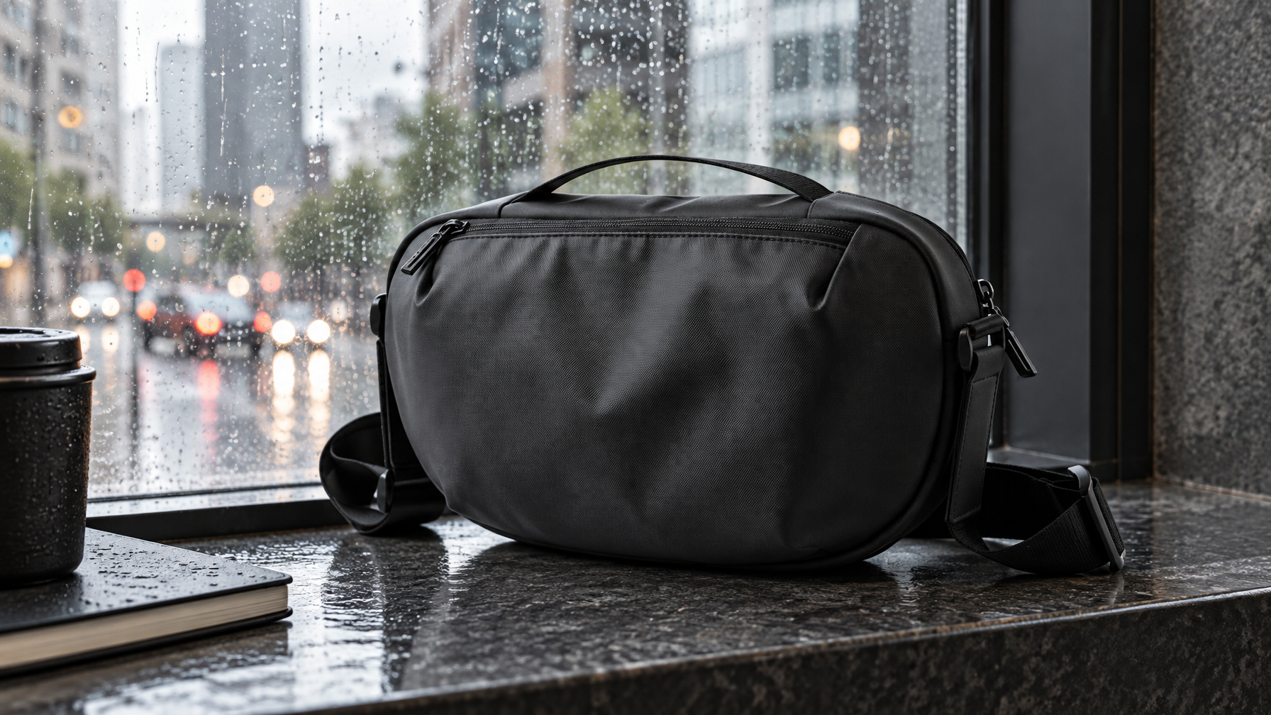 Black Oxford travel crossbody standing by a rain-wet city window
