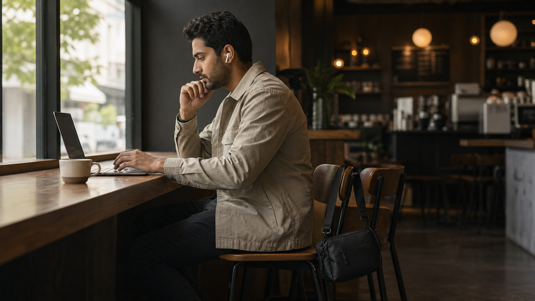 South Asian man in his early 30s at a café window bar counter, earbuds in, laptop open, dark crossbody bag hanging from the adjacent stool, natural window light