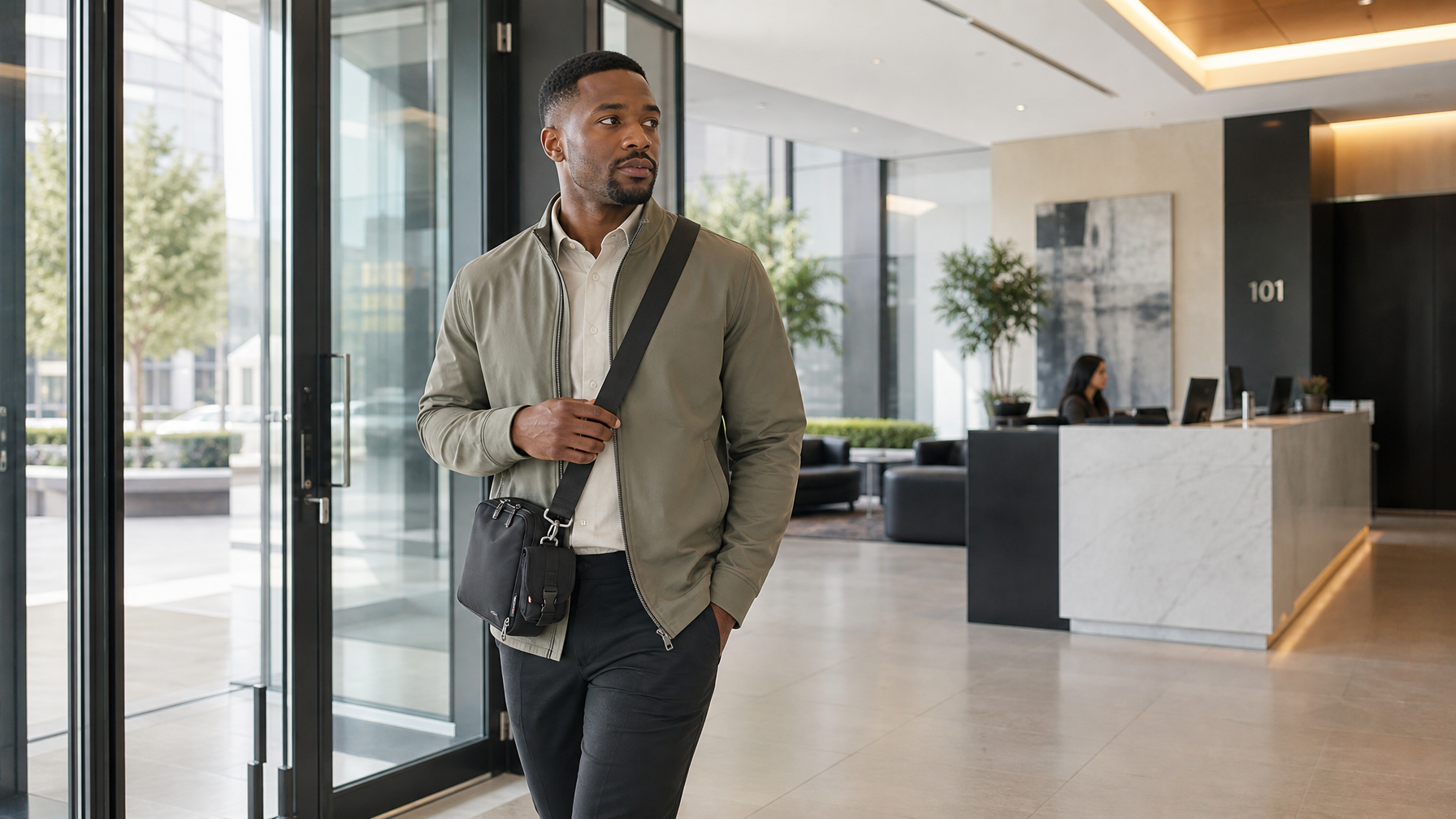 Black man in early 30s arriving through a modern office lobby with a compact dark crossbody bag at his hip after an active morning