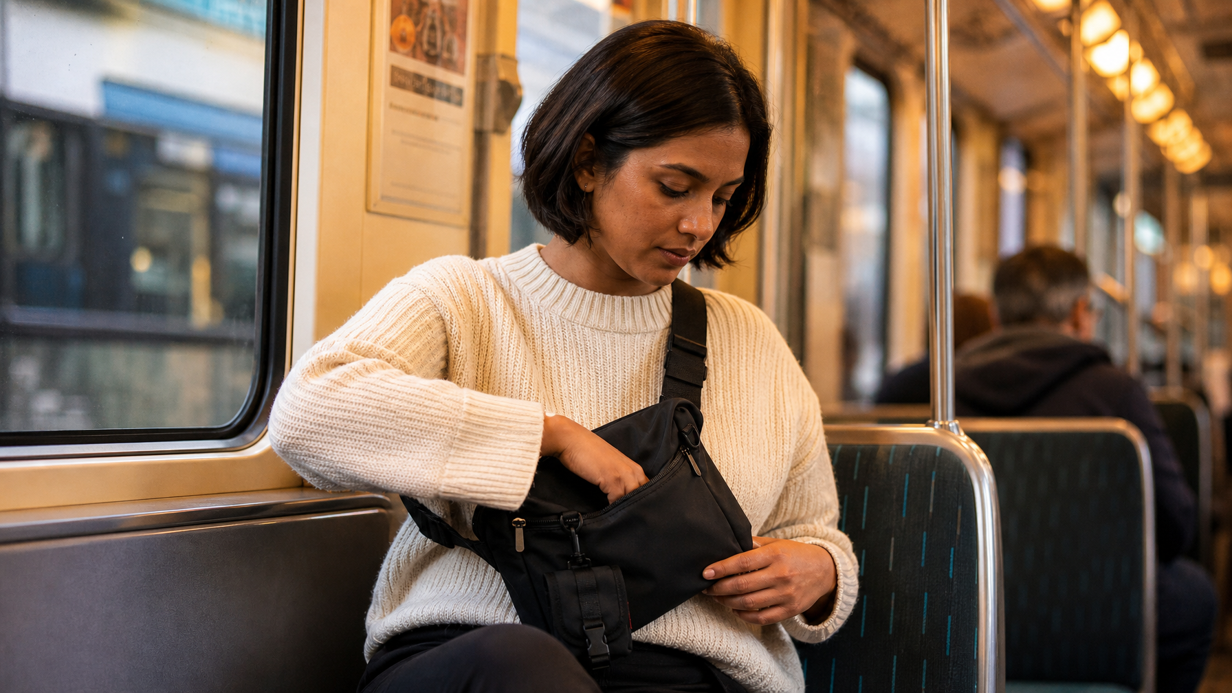 South Asian woman on a commuter train, swinging a compact sling bag to her front and reaching inside with one hand