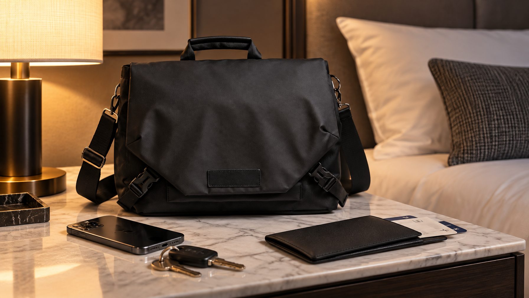 Closed black Rook Brief on a hotel nightstand beside phone and keys under warm lamp light