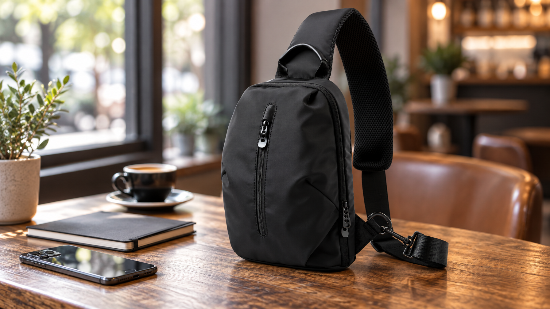Closed black commuter sling on a cafe table with phone and thin notebook beside an espresso cup