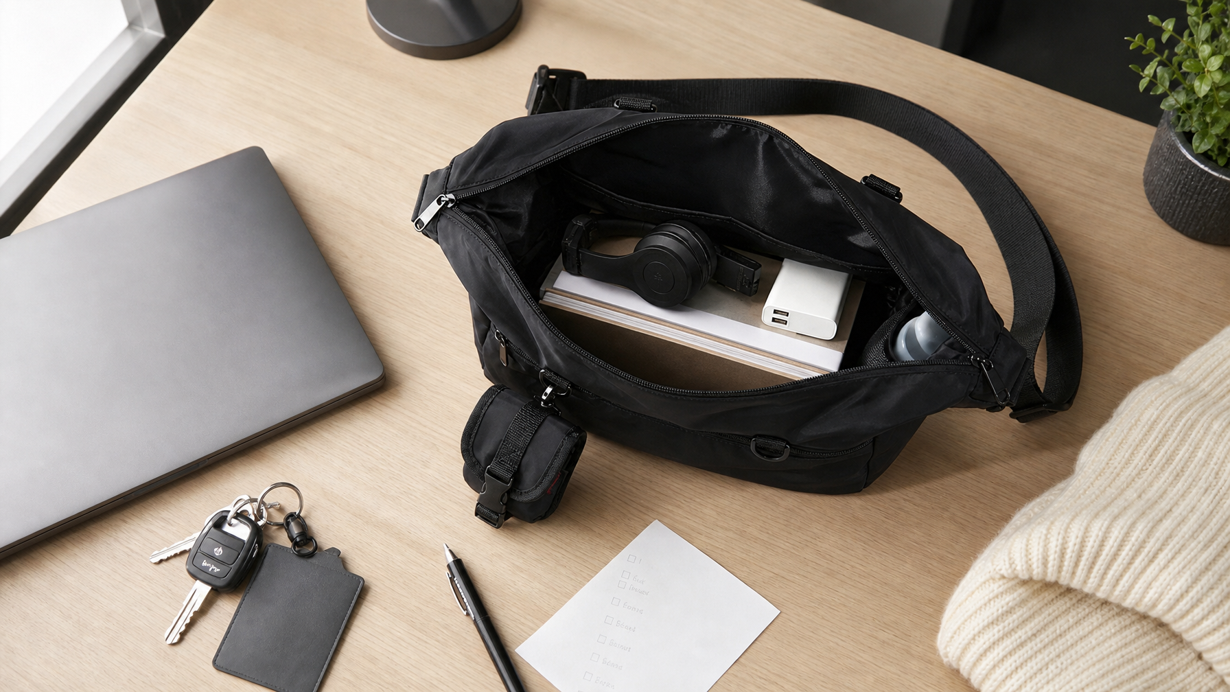 Overhead of an office desk at the end of the day with a closed laptop, keys, badge, shopping list, and an open black messenger showing an unpartitioned main cavity
