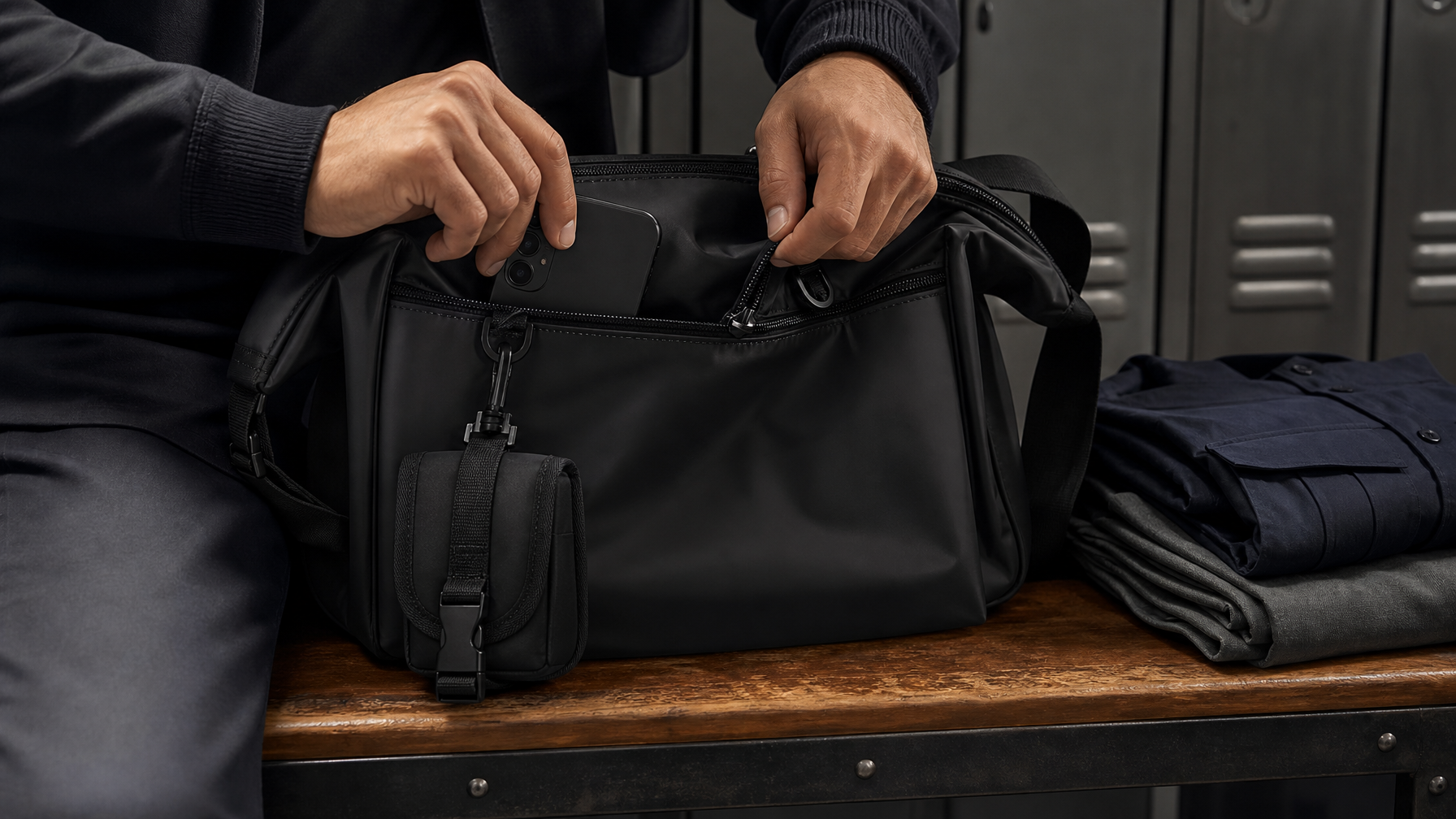 Hands opening the front zip pocket of a matte black messenger bag on a locker bench beside folded work clothes