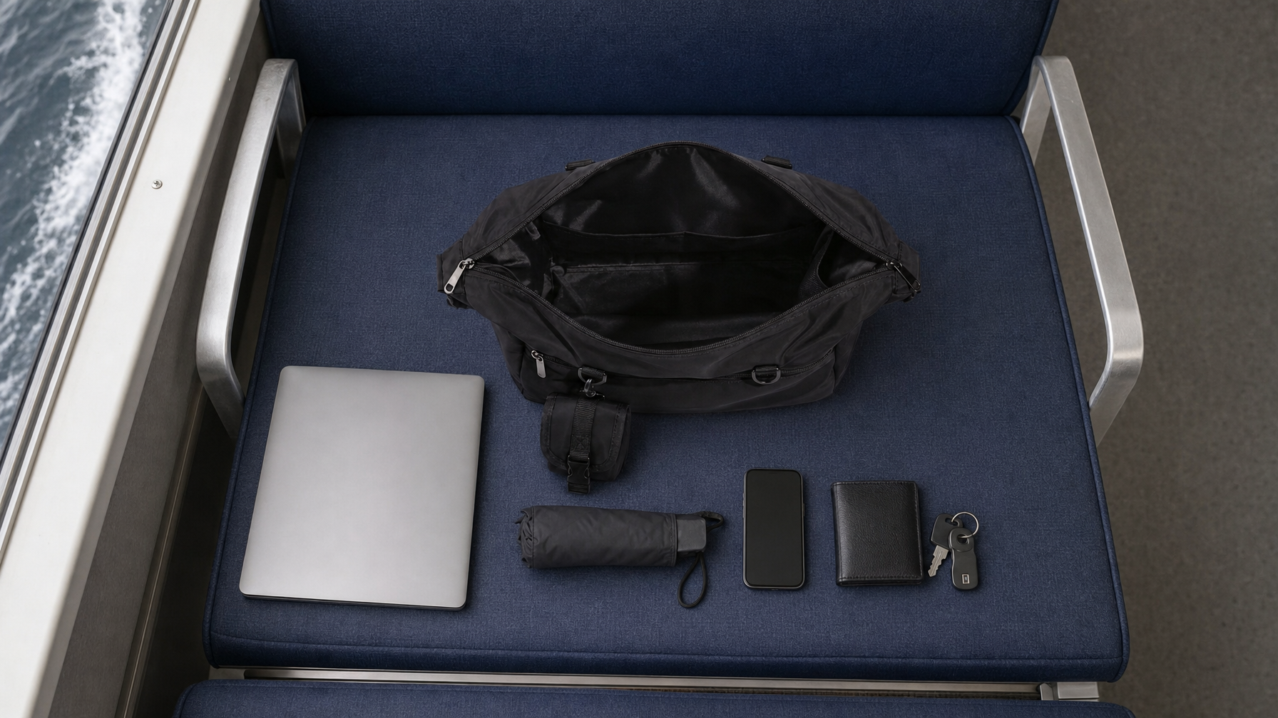 Overhead of a ferry seat with a closed laptop, compact umbrella in a sleeve, phone, wallet, keys, and an open black messenger showing an unpartitioned main cavity