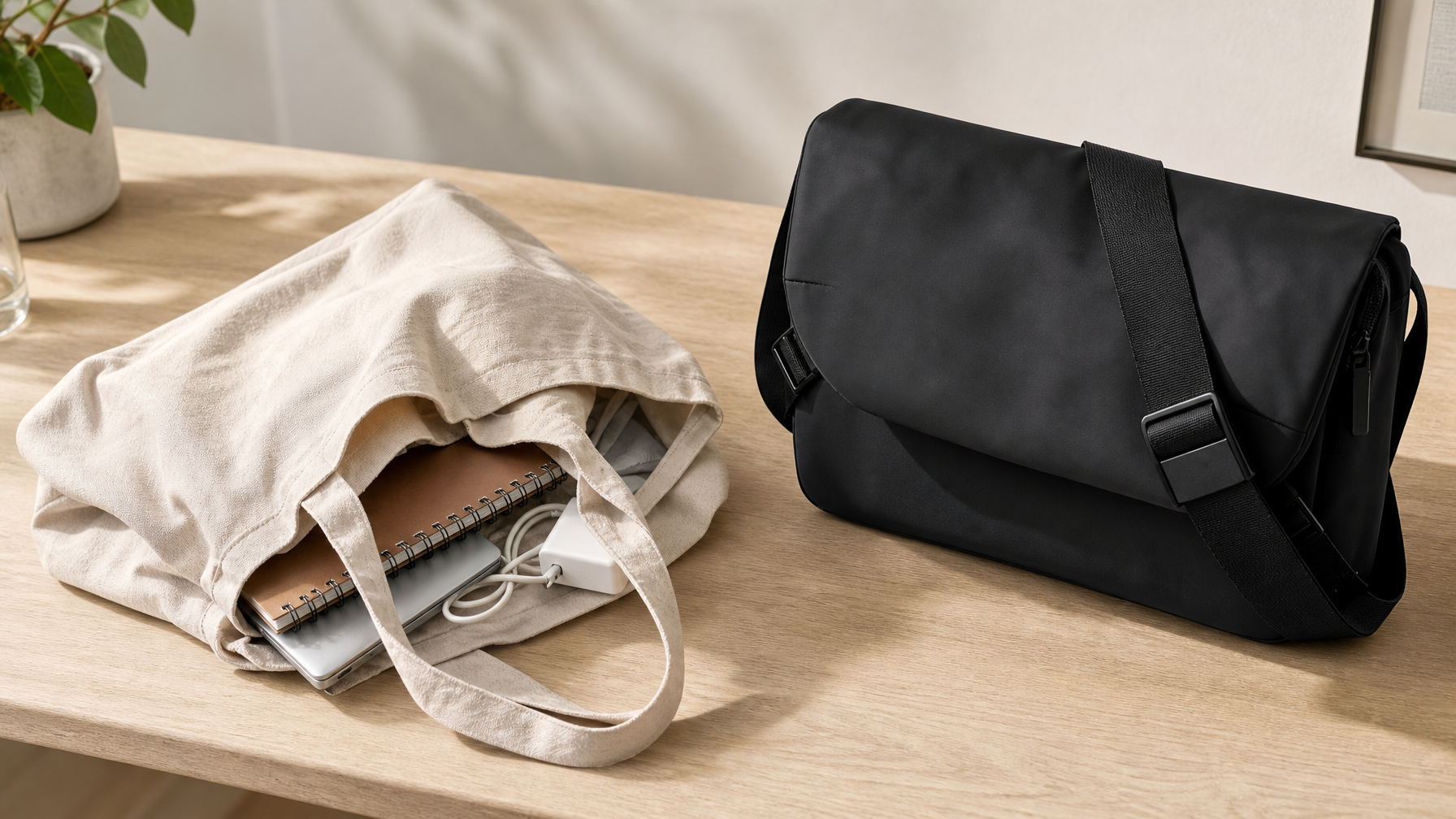 Soft unstructured tote collapsed beside a slim structured black laptop brief on a light desk