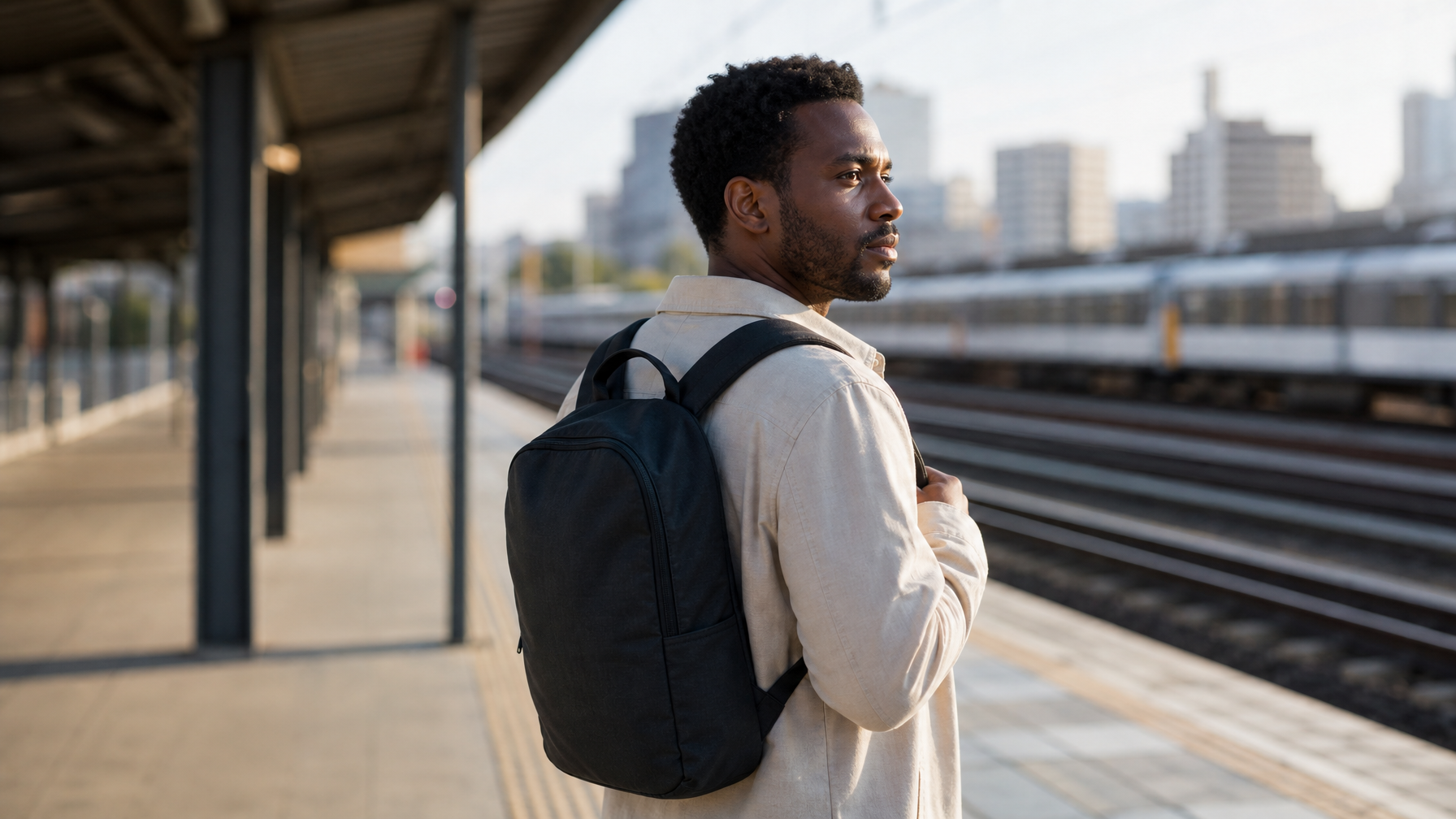 Man waiting on a modern transit platform wearing a compact everyday backpack