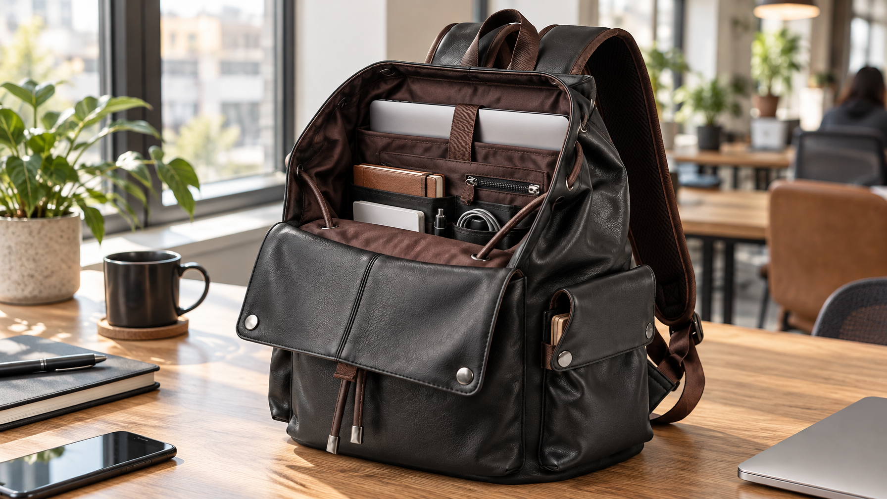 Open black PVC day pack with a 15.6-inch laptop partially seated in the dedicated compartment on a coworking desk