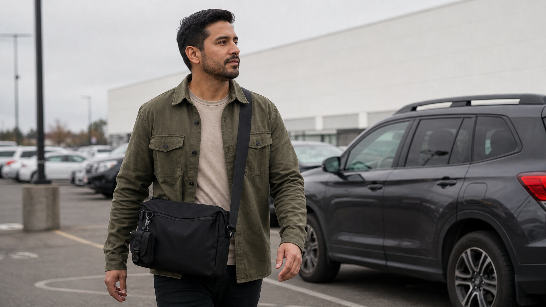Man walking a parking lot last mile with a closed matte black messenger at his hip and a locked car behind him