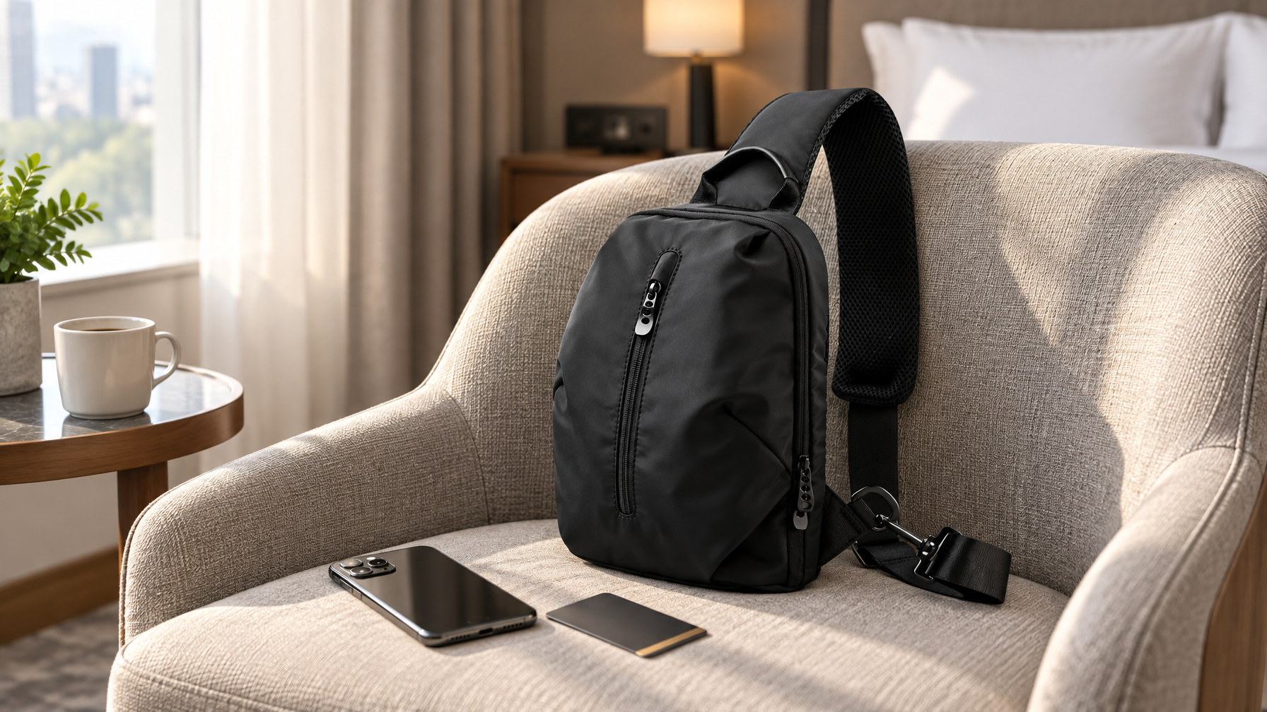 Compact black day sling on a hotel chair beside room key and phone ready for a work-day walk
