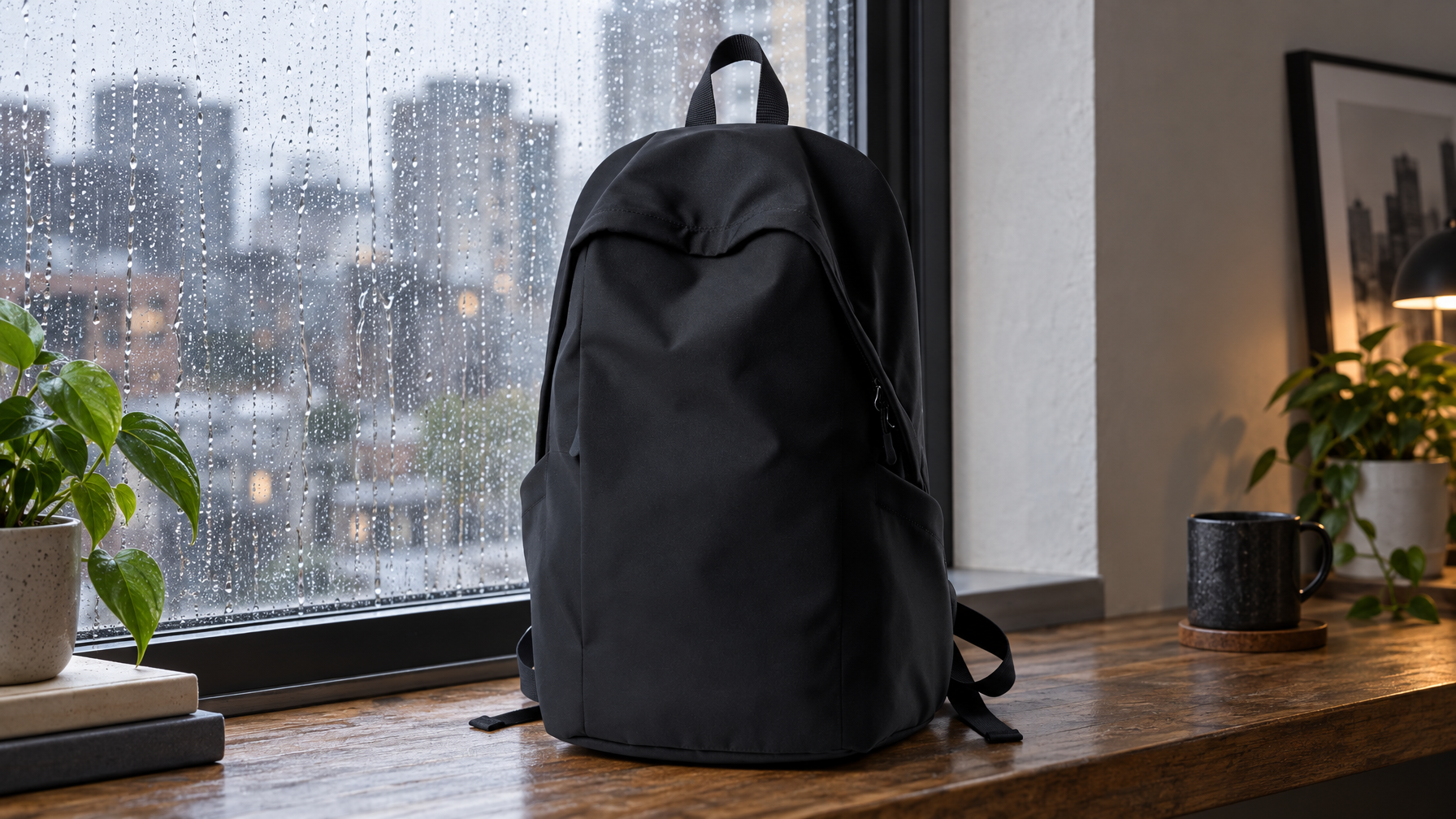 Black Oxford everyday backpack standing by a rain-wet city window