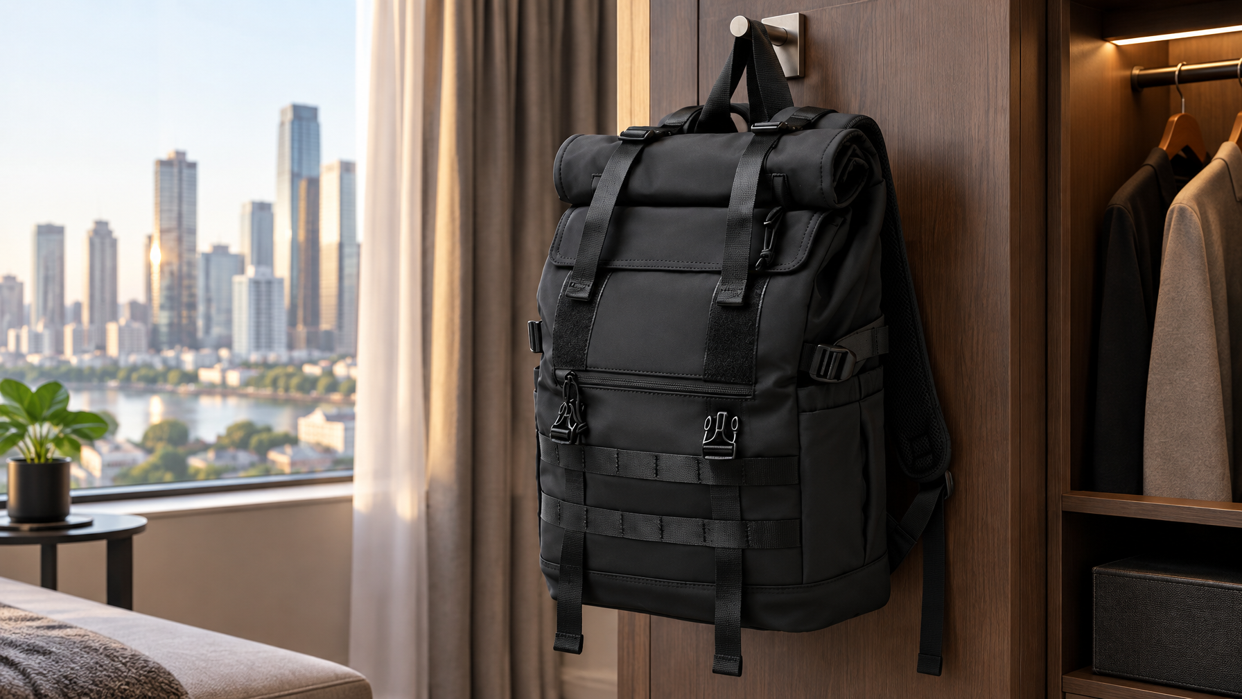 Black roll-top backpack hanging from a hotel closet hook by a padded strap