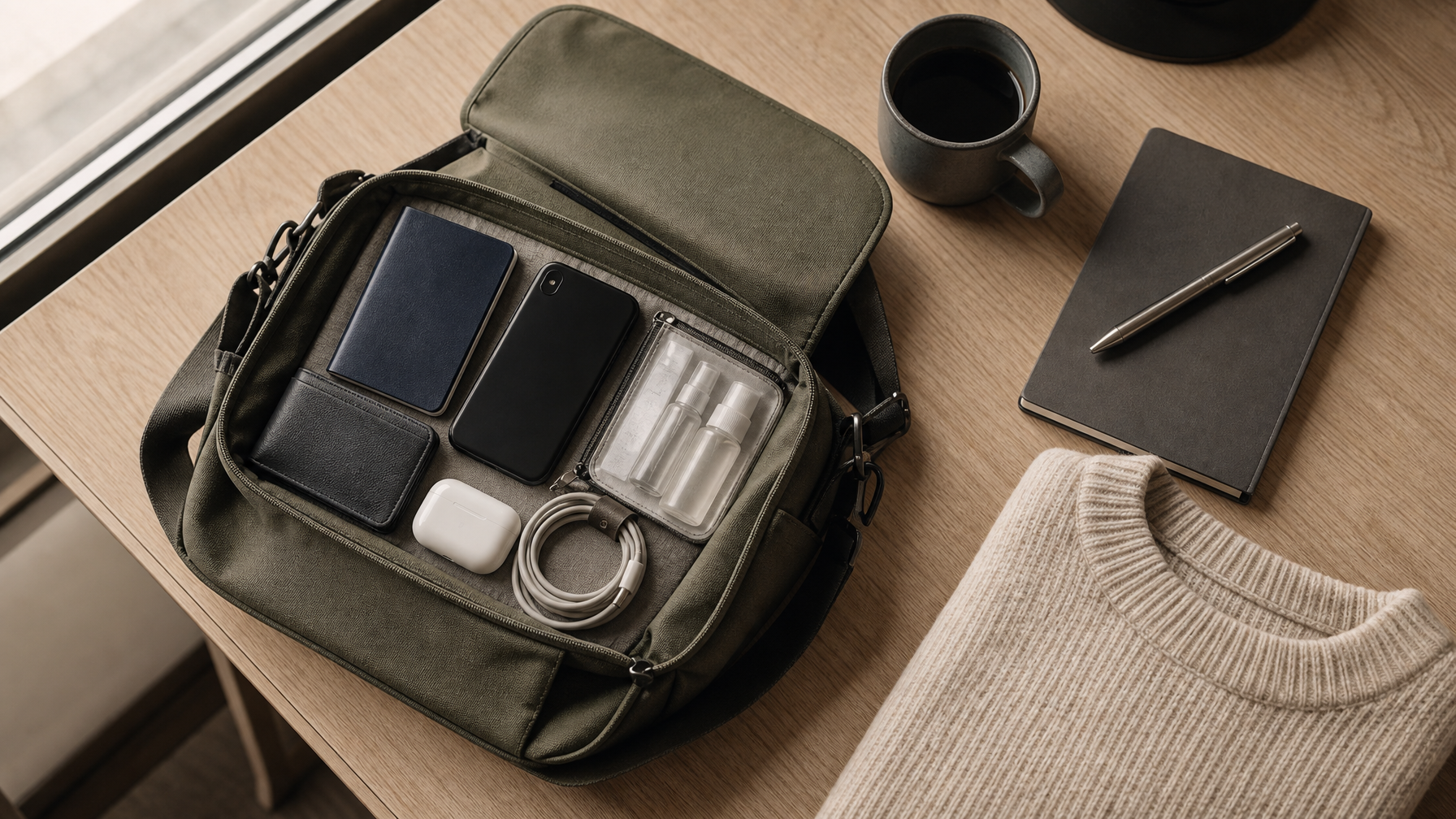 Open unbranded soft bag packed flat with passport phone wallet and small travel essentials