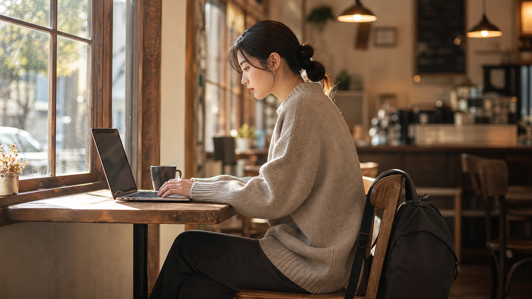 East Asian woman in her late 20s working at a café window table with a laptop open, compact dark backpack hanging on the back of her chair, warm afternoon light