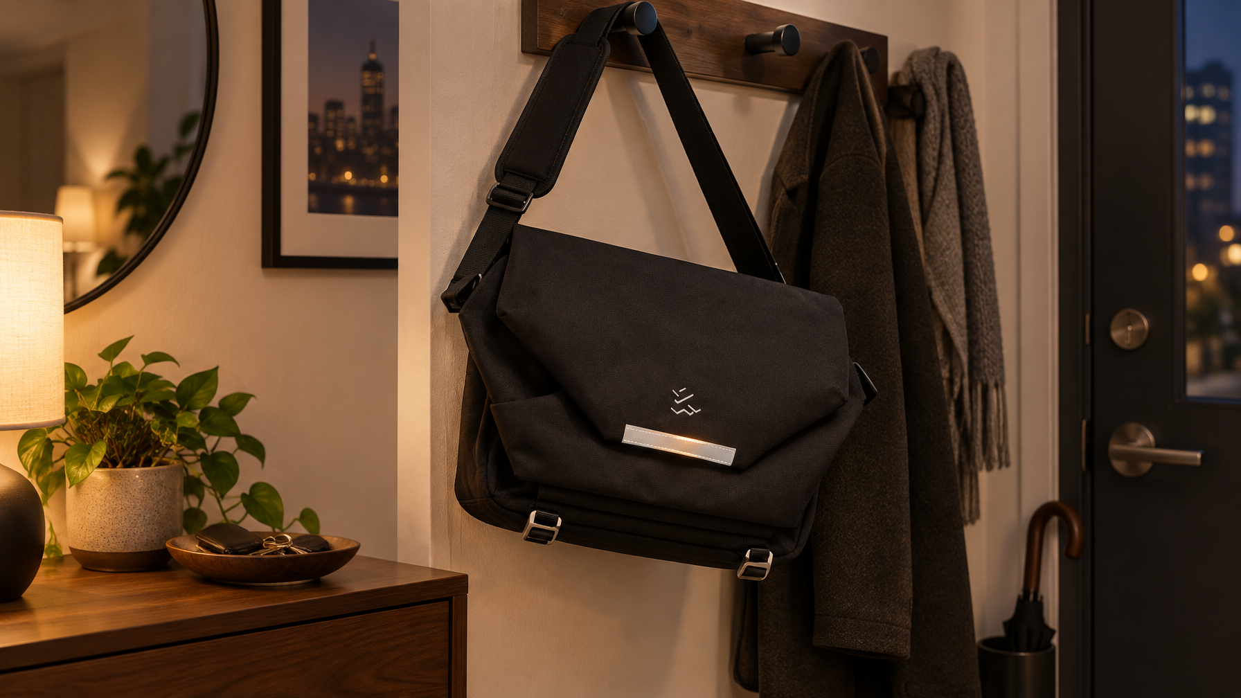 Black fold-over flap messenger hanging from an apartment coat hook by a padded shoulder strap