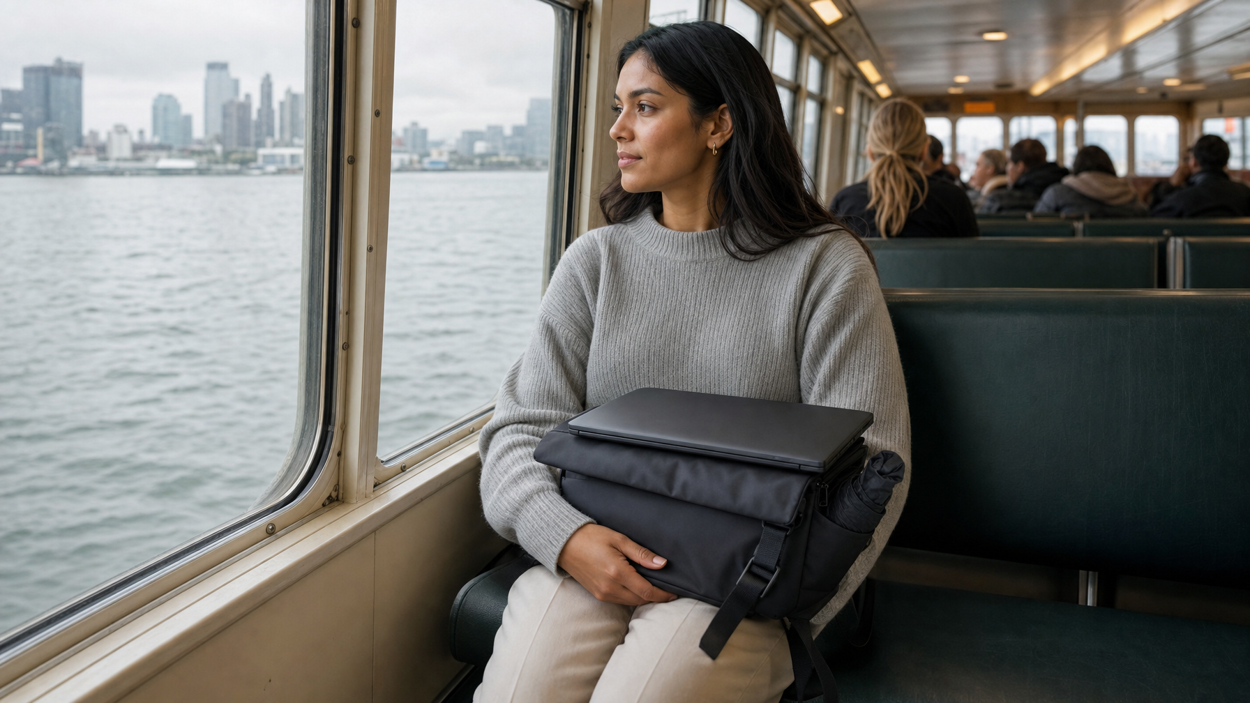 Woman seated on a ferry cabin bench with a slim black laptop brief on her lap and grey water visible through the window