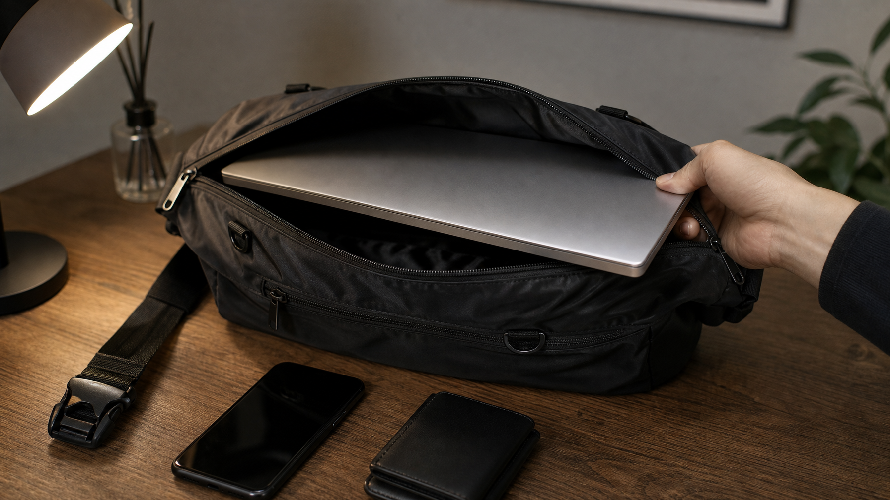 Open black messenger bag on a desk with laptop entering the main compartment and small essentials staged