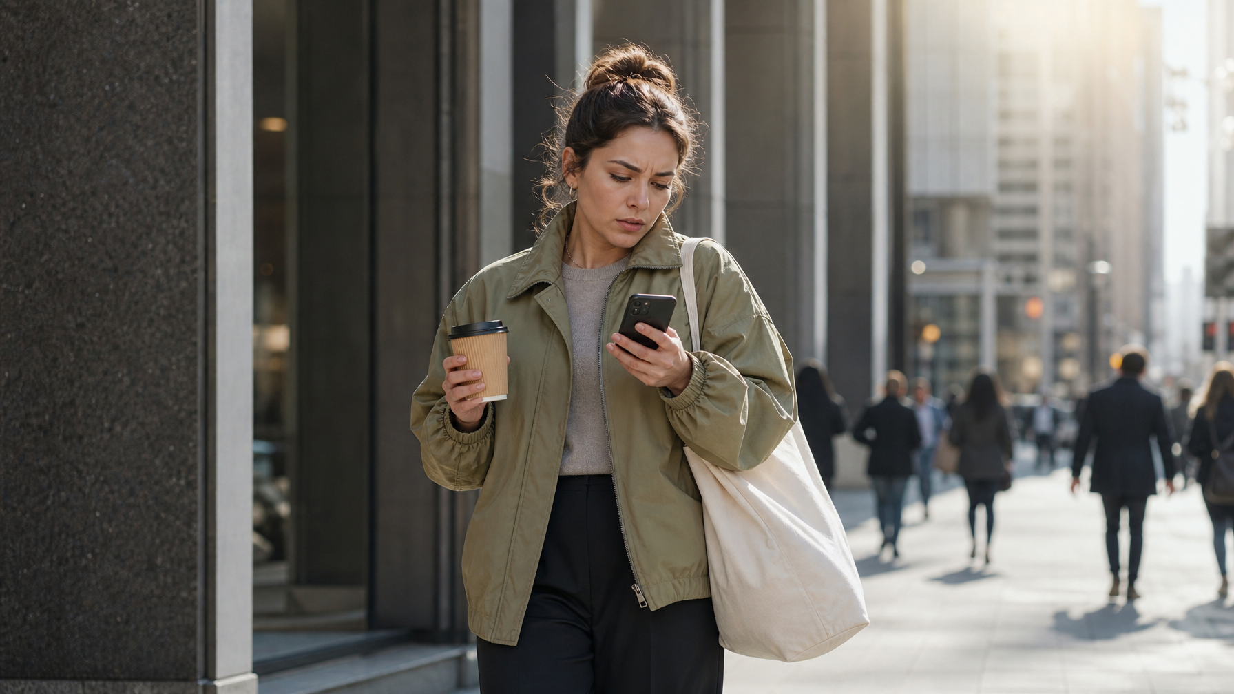 Woman on a city sidewalk outside an office building with coffee and phone, soft tote slipping off her shoulder
