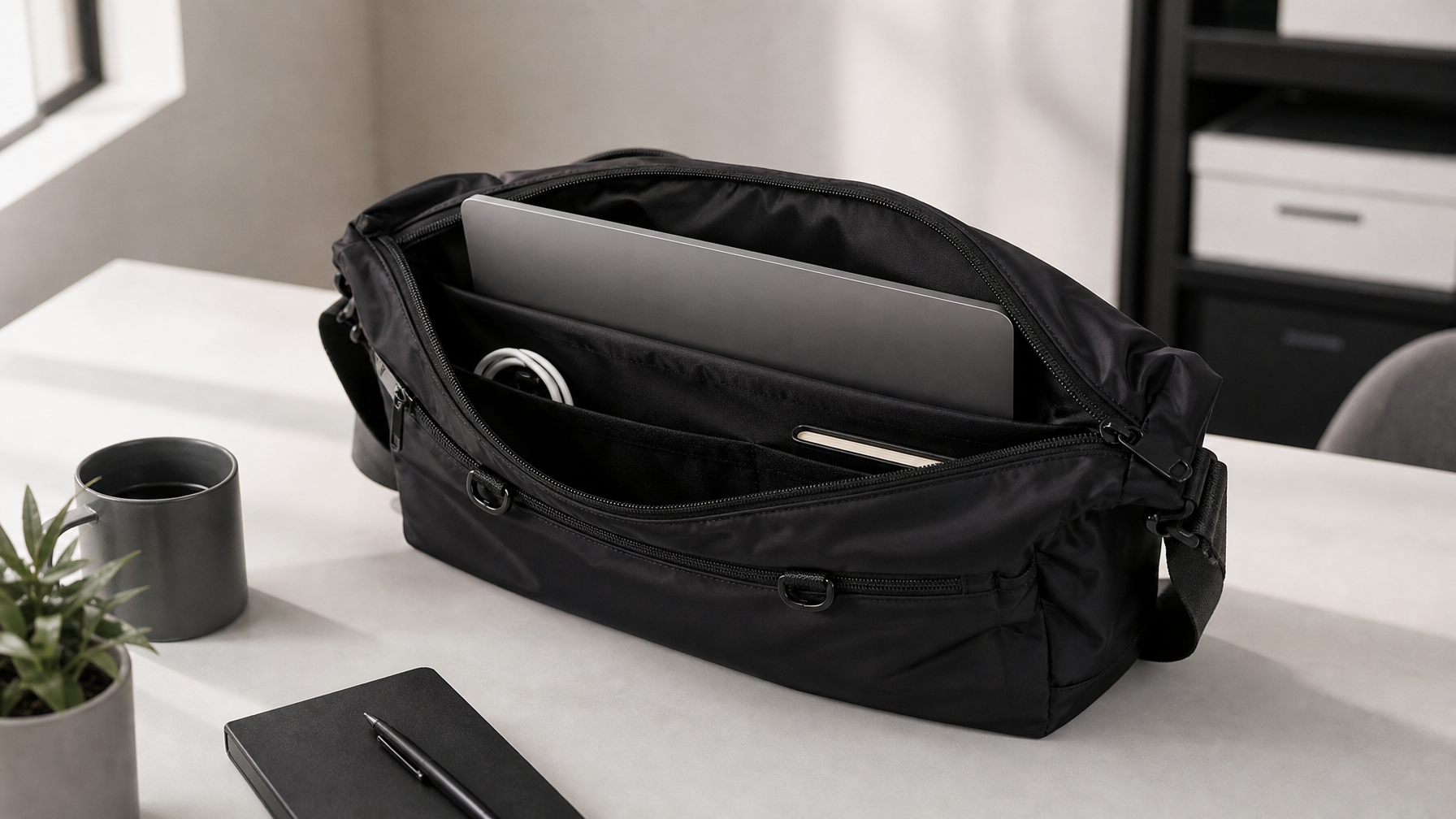 Open black messenger on a desk with a laptop seated in the main compartment, short cable, and thin notebook