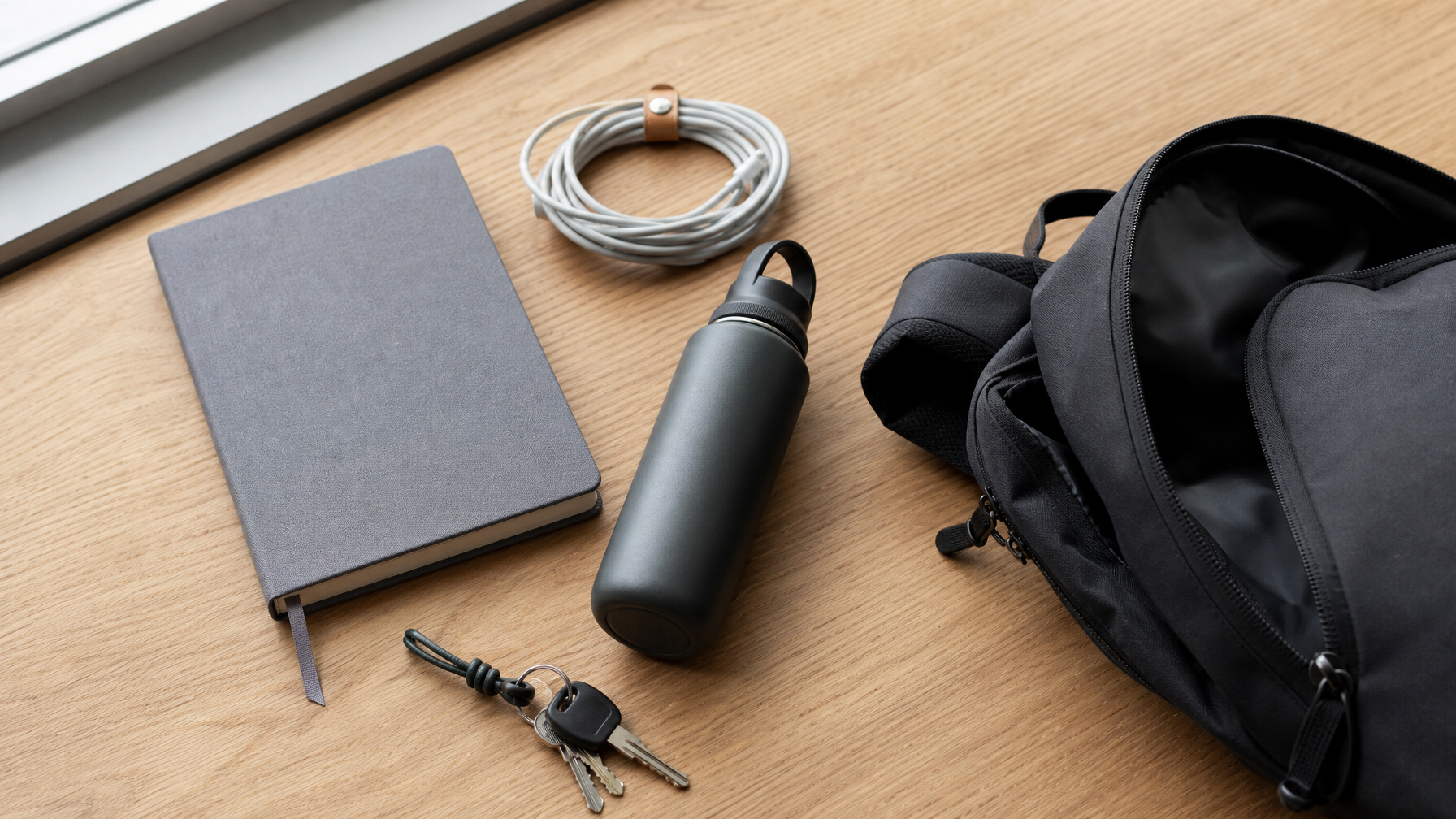 Overhead desk still life with notebook, cable, water bottle, keys, and a compact daypack at the edge of the frame